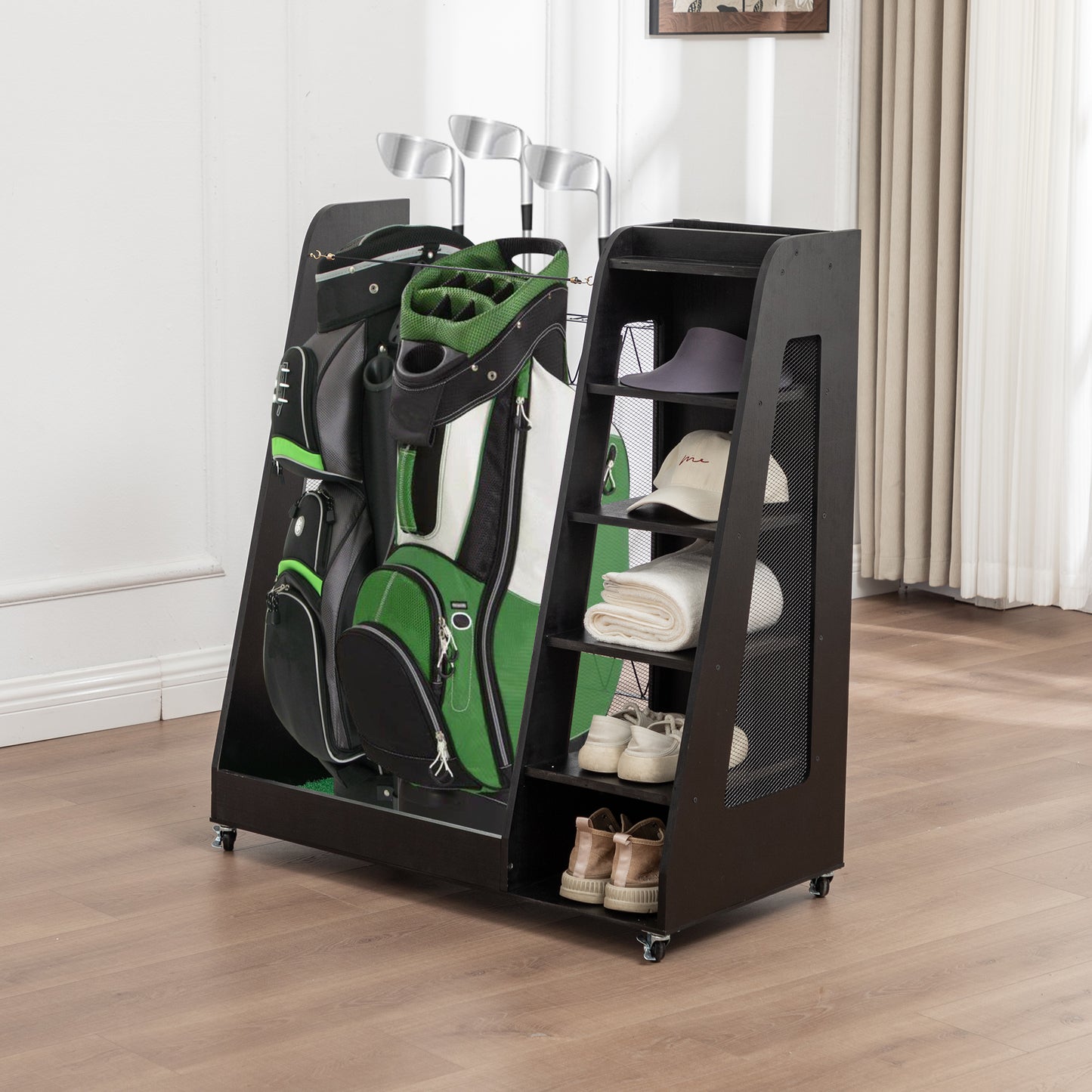 Wooden Golf Bag Organizer and Storage Rack, High Quality Wooden 2 Golf Bag Rack with Drawers, Easy to Assemble Golf Club Holder/Stand with Club Holders on Side,Black