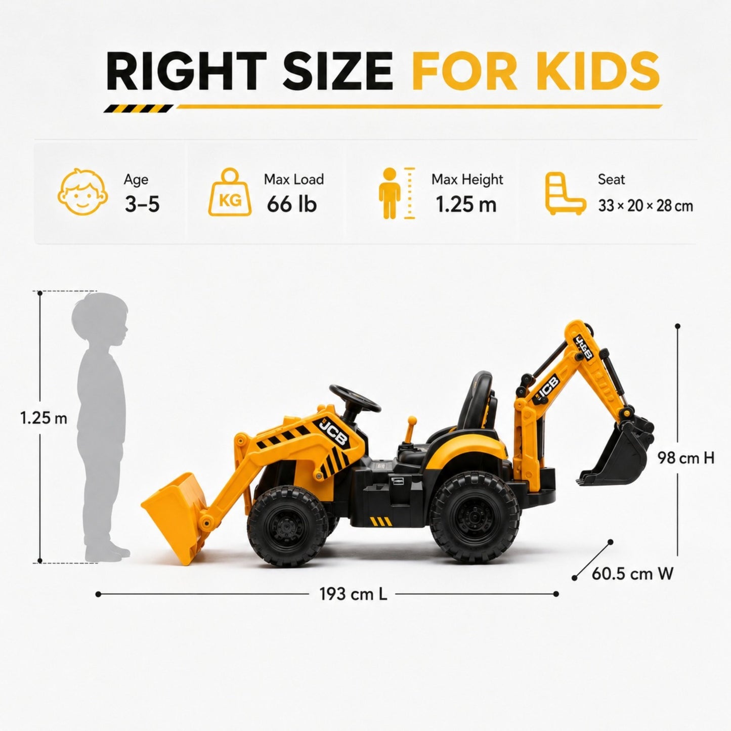SHINPT Ride on Excavator, JCB, 24V Dual Motors, Digger Ride on Toy, Front Loader & Backhoe, Remote Control Construction Toy, Yellow, for Toddler Boys 3-5 Years Old