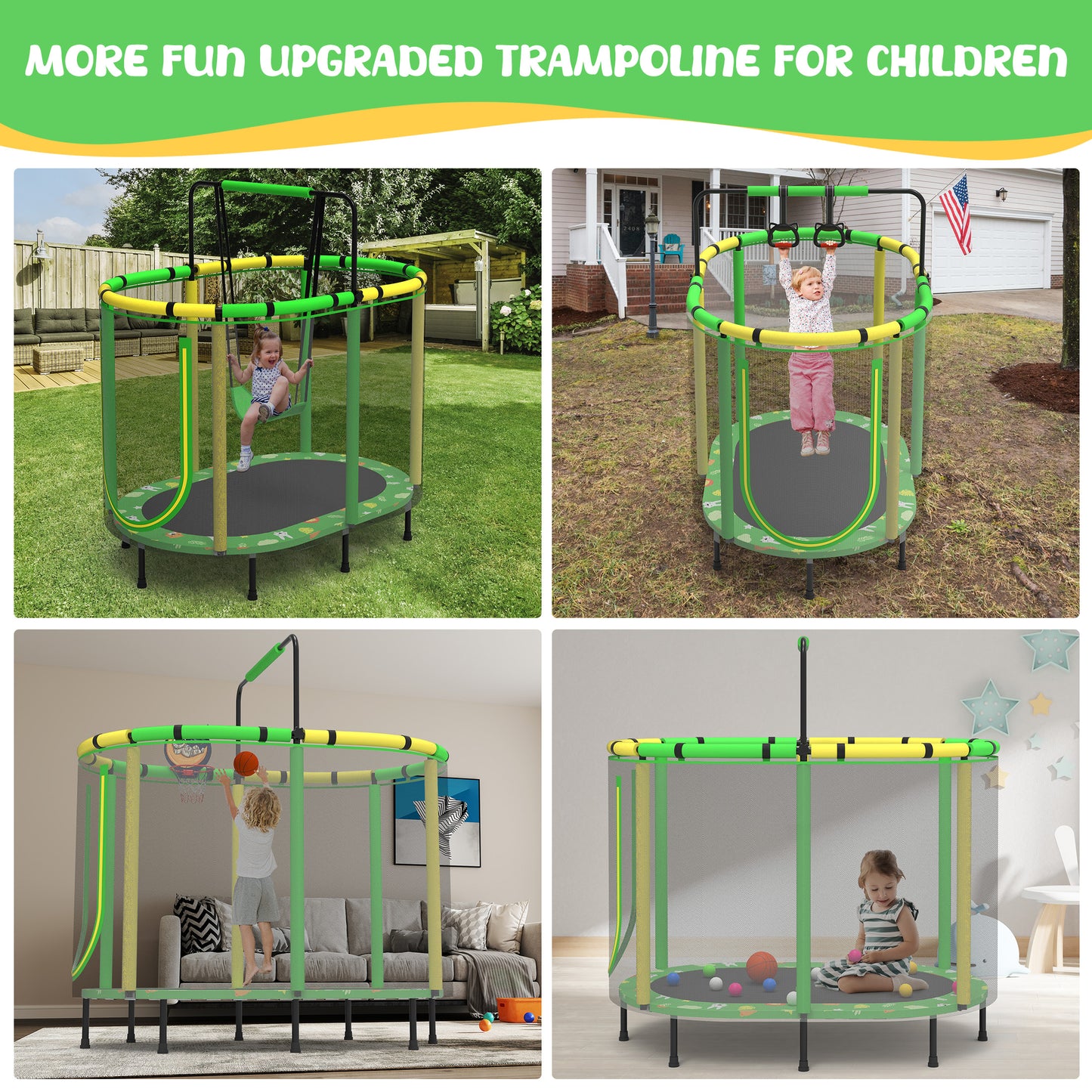 SHINPT 60" Toddler Trampoline Indoor, Mini Trampoline for Kids, Small Trampoline with Basketball Hoop and Swing,Baby Trampoline with Net, Kid Trampoline with Adjustable Gymnastics Bar