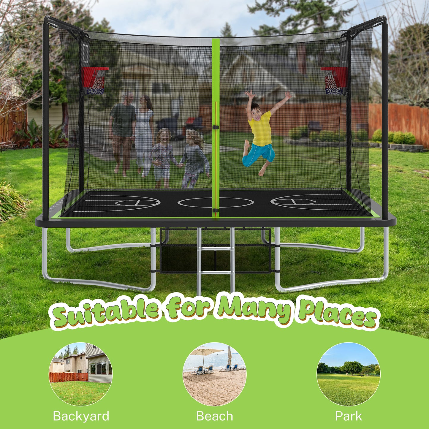 SHINPT 8 ×12 ft Rectangle Trampoline for Kids and Adult, Rectangular trampoline with 2 Basketball Hoops, Outdoor Big Trampoline with 360 Degree Safety Net, Square Trampoline with 4 W-Legs