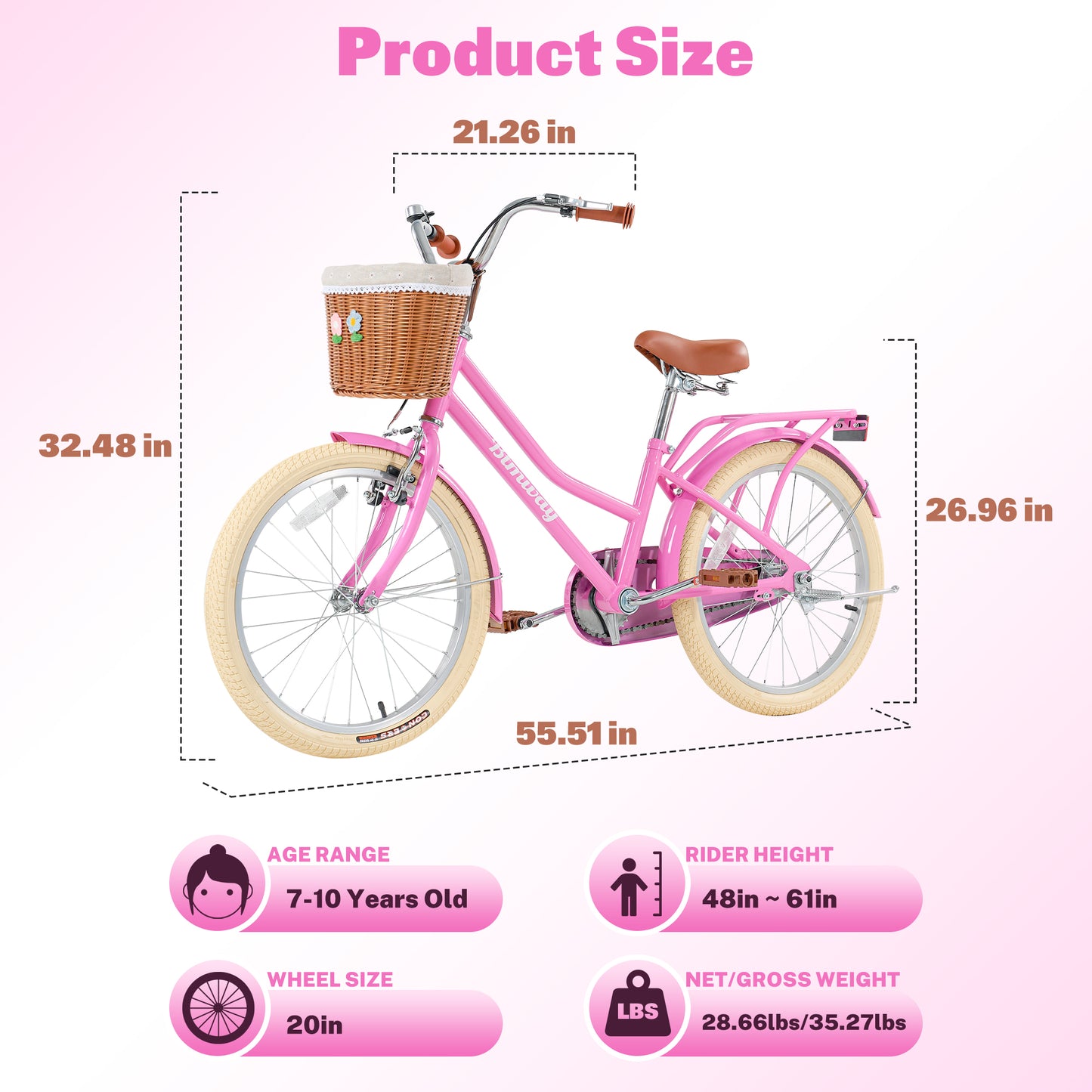 20in Kids Bike for Girls and Boys, SHINPT Girls Bike with Basket, 20 inch Bike for Kids 7+, Kids Bicycle with Single Speed, Bicycle for Kids with Rear Seat for Birthday Gift, Blue or Pink