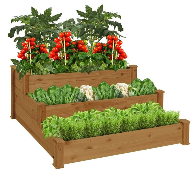 Shinpt 3-Tier Fir Wood Planting Raised Garden Bed, Horticulture Flower Box with Stackable & Flat Arrangement, Wooden Growing Planter for Backyard and Garden, Easy Assembly - Brown(48x48.6×21in)