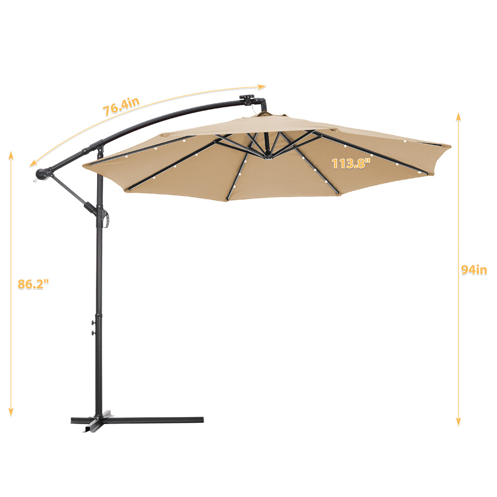 SHINPT 10ft Patio Hanging Cantilever Umbrella, Large Round Market Umbrella Outdoor with 24 LED Lights 8 Sturdy Ribs and Crank for Deck, Pool, Garden, Backyard Taupe(1.9" Pole)