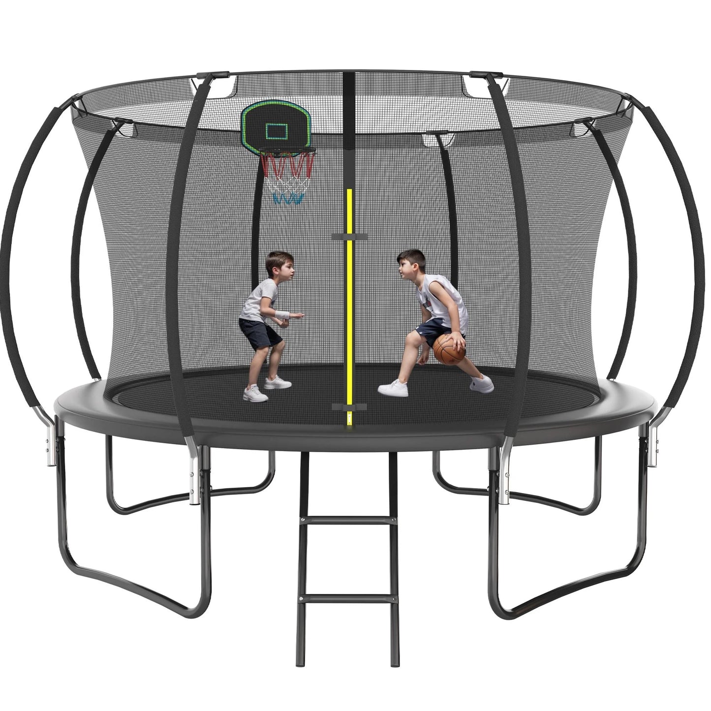 12FT Outdoor Trampoline with Basketball Hoop, SEGMART Upgraded Round Recreational Trampoline with Enclosure Net, Heavy Duty Backyard Trampoline with Ladder Spring Pad for Kids and Adults