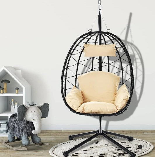 Foldable Hanging Basket Chair with Stand for Patio, Backyard, Balcony and Bedroom, Shinpt Wicker Swing Egg Chair with Stand and Soft Cushion (Beige)