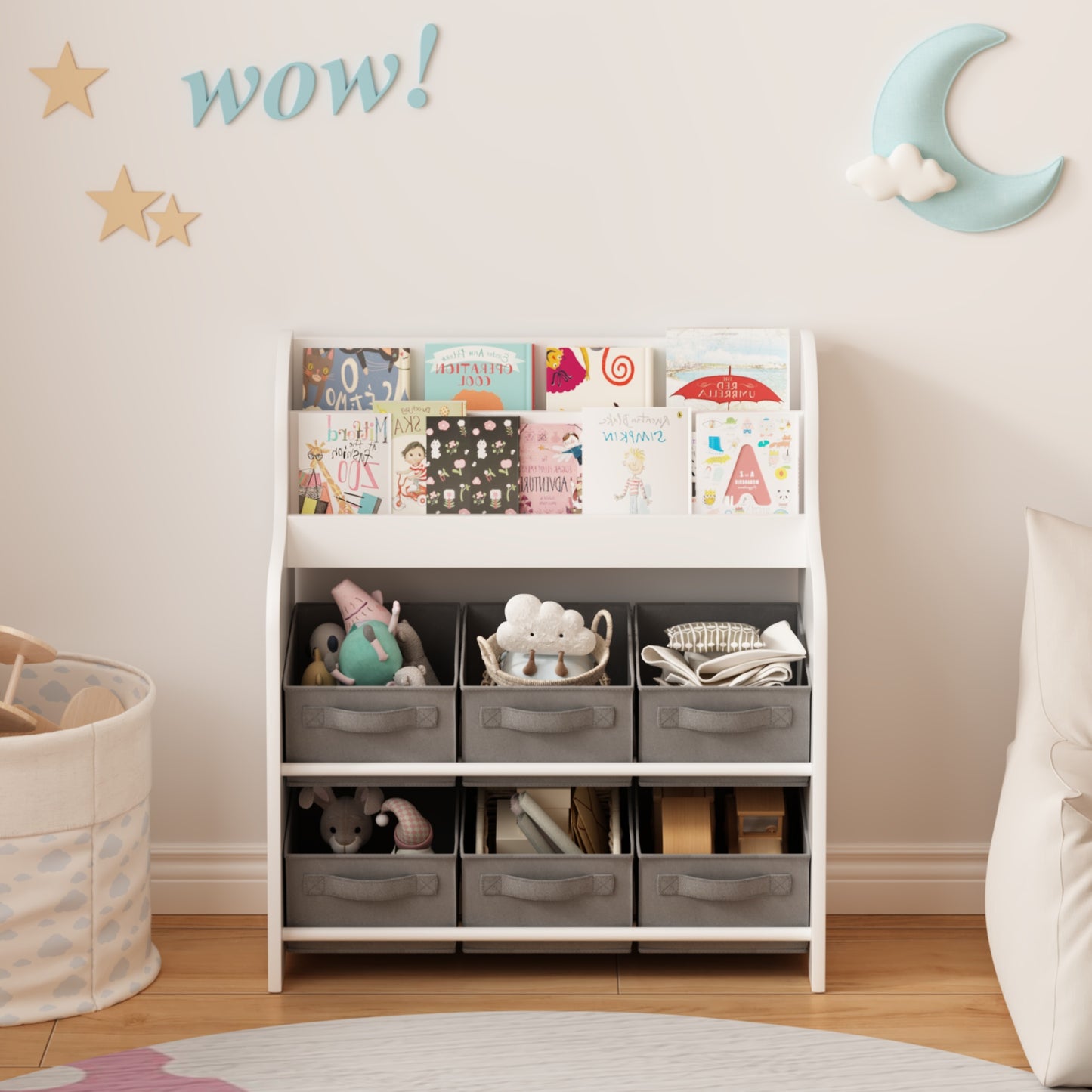 Bookshelf for Kids Rooms, SHINPT Toy Box with Bookshelf, Kids Storage Organizer with 3 Collapsible Fabric Drawers, Toy and Book Storage for Kids, Nursery Bookshelf for Playroom, Bedroom, Livingroom