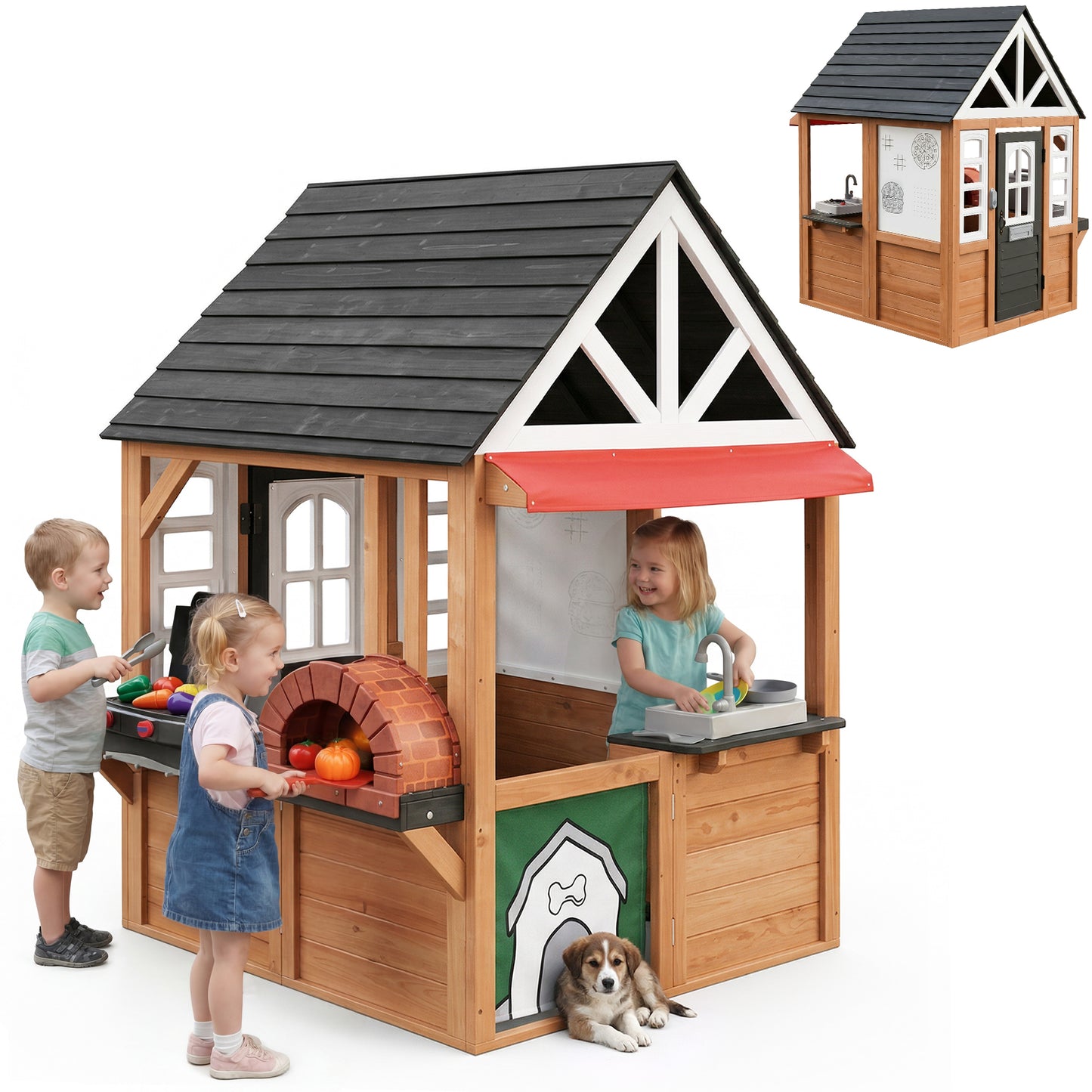 Outdoor Playhouse, Kids Playhouse with Play Kitchen, Kids Wooden Playhouse with Grill Oven, Bread Oven, Toddler Playhouse with Door, Windows, Doorbell for Kids Outdoor, Play House for Kids Ages 3+