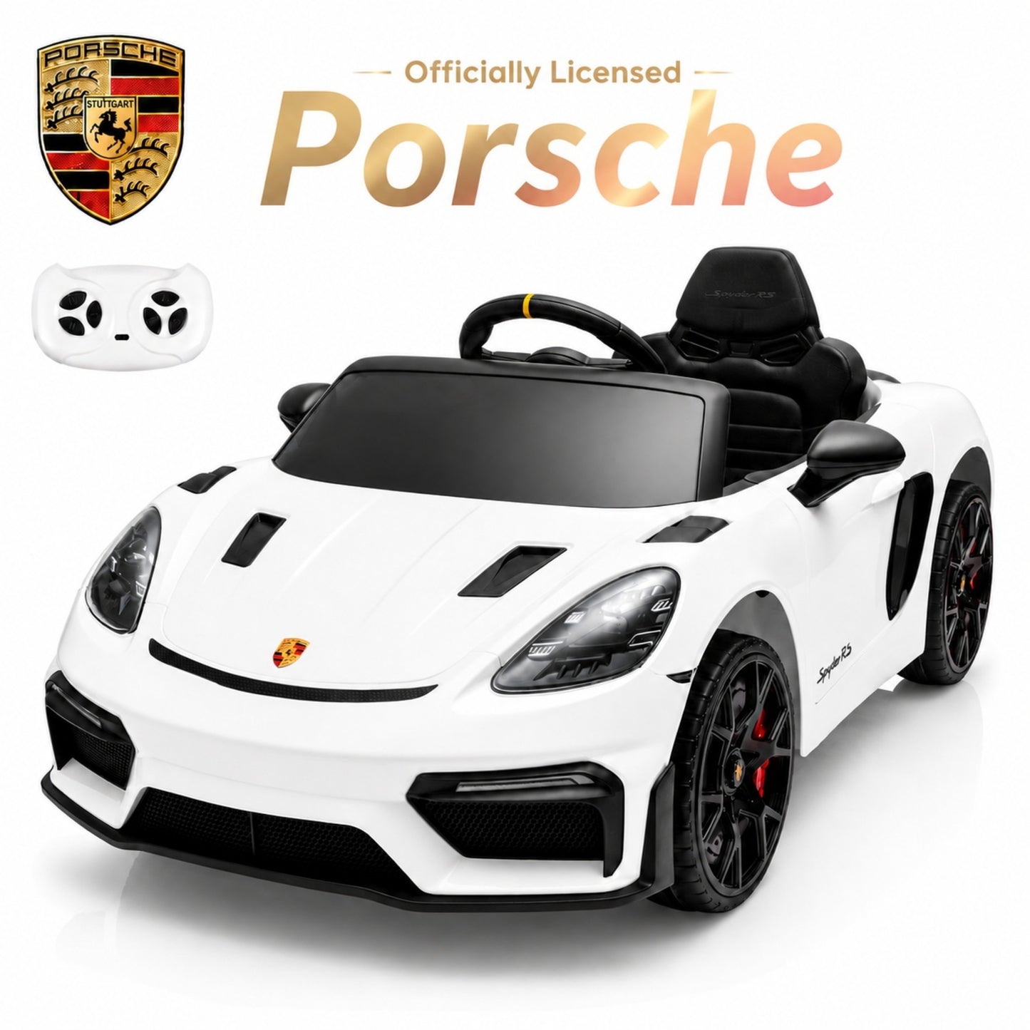 SHINPT Electric Ride On Car, Licensed Porsche Kids Electric Car with 2.4G Parent Remote Control & Bluetooth, 12V 2WD Toddler Ride On Toy 3 Speeds LED Lights Black for Kids Ages 3-5, Backyard Play