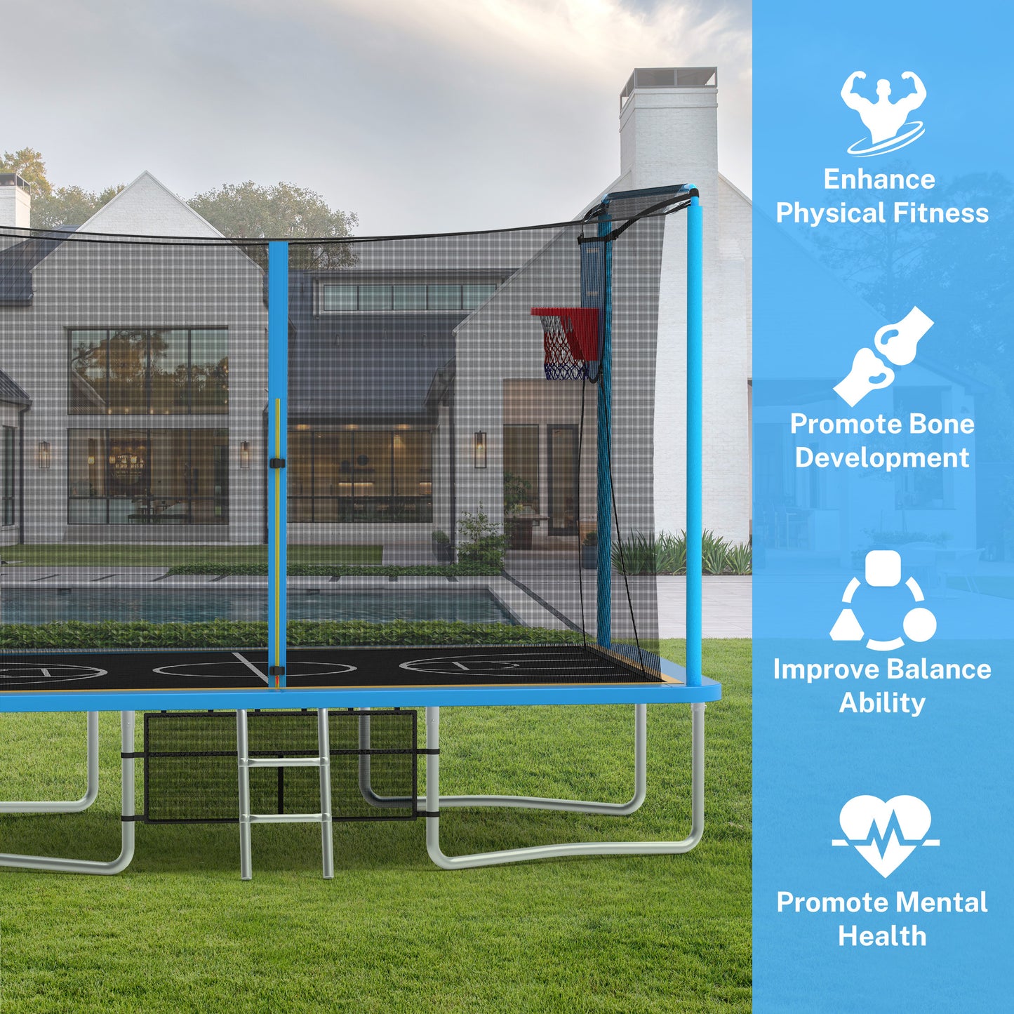 SHINPT 8 ×12 ft Rectangle Trampoline for Kids and Adult, Rectangular trampoline with 2 Basketball Hoops, Outdoor Big Trampoline with 360 Degree Safety Net, Square Trampoline with 4 W-Legs