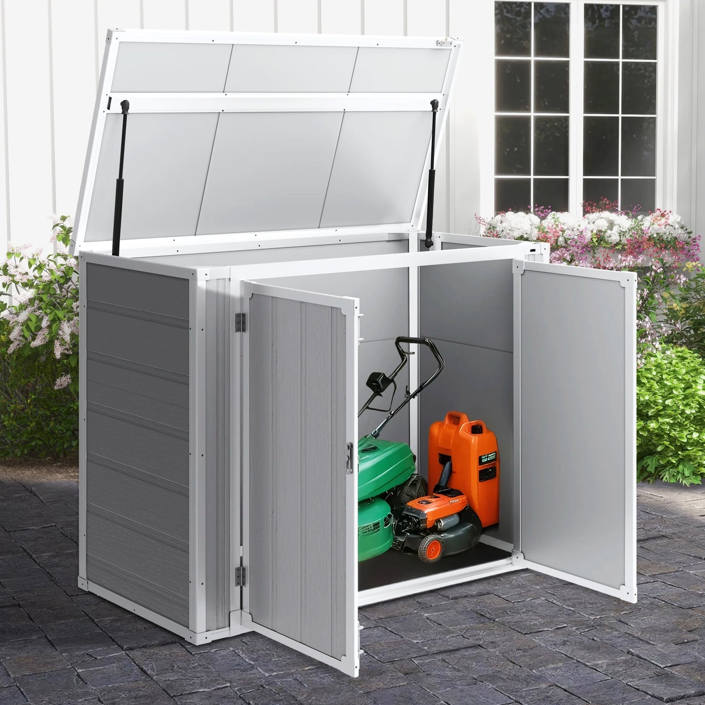 Shinpt Outdoor Storage Shed, 41 Cu Ft. All-Weather Resin Tool Shed, Lockable Double Door Shed for Storage of Garden Tools, Pool Accessories, Bikes, Garbage Bin, for Garden, Yard Lawn Pool