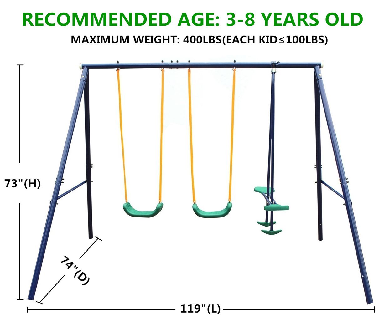 Swing Set for Backyard, SHINPT 3 in 1 Heavy-Duty A-Frame Metal Outdoor Swing Stand with 2 Belt Swings and Glider, Outdoor Kids Play Equipment for Age 2-8, Toddler Swing Set for Playground