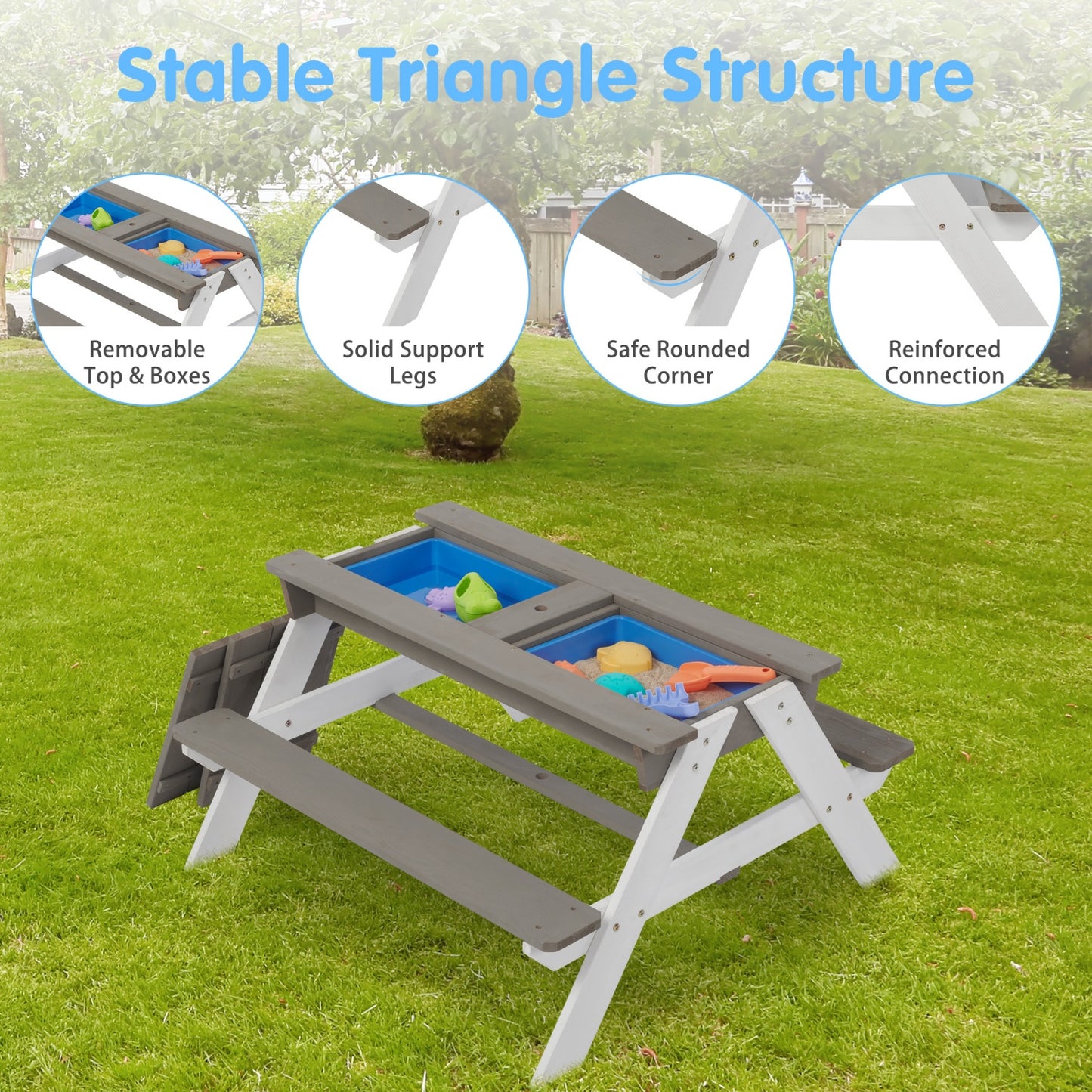 Kids Picnic Table, SHINPT 3-in-1 Outdoor Wooden Table with Adjustable Umbrella, Toddler Activity & Dining Table with Built-in Bench & Removable Boxes, Children Picnic Tables for Outdoors, Backyard