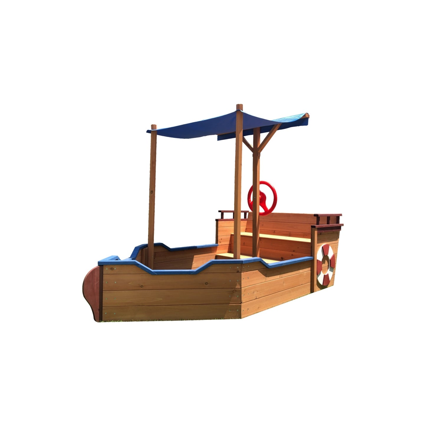 Wooden Pirate Sandbox with Cover and Rudder, SHINPT Kids Sand Boxes with Storage Bench and Seat, Outdoor Toddlers Sand Pit for Backyard Garden, UV-Resistant & Adjustable Roof, Gift for Ages 3-8