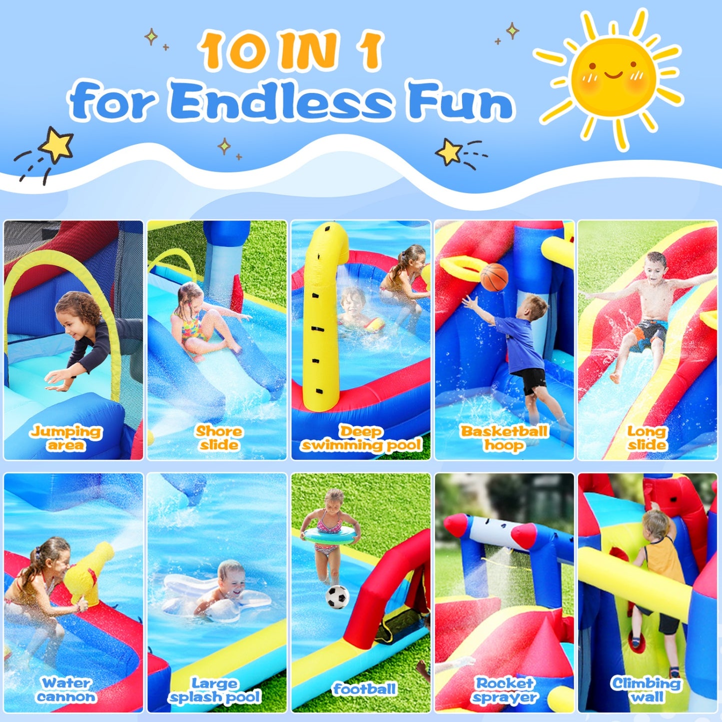 Inflatable Bounce House with Double Slide and Pools, SHINPT 10 in 1 Water Park Bounce House with Climbing Wall, Water Gun, Basketball, Water Park for Kids 3-12, Jumping Castle with Air Blower