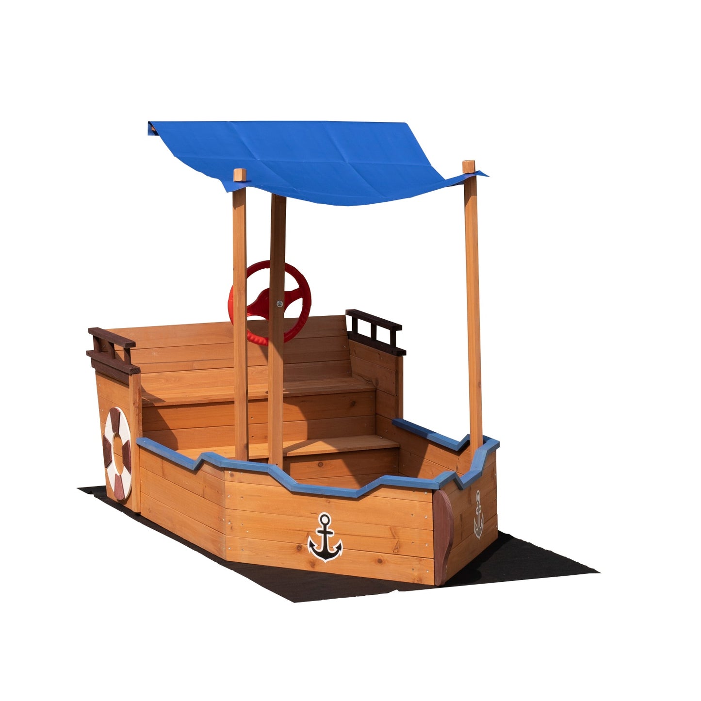 Wooden Pirate Sandbox with Cover and Rudder, SHINPT Kids Sand Boxes with Storage Bench and Seat, Outdoor Toddlers Sand Pit for Backyard Garden, UV-Resistant & Adjustable Roof, Gift for Ages 3-8