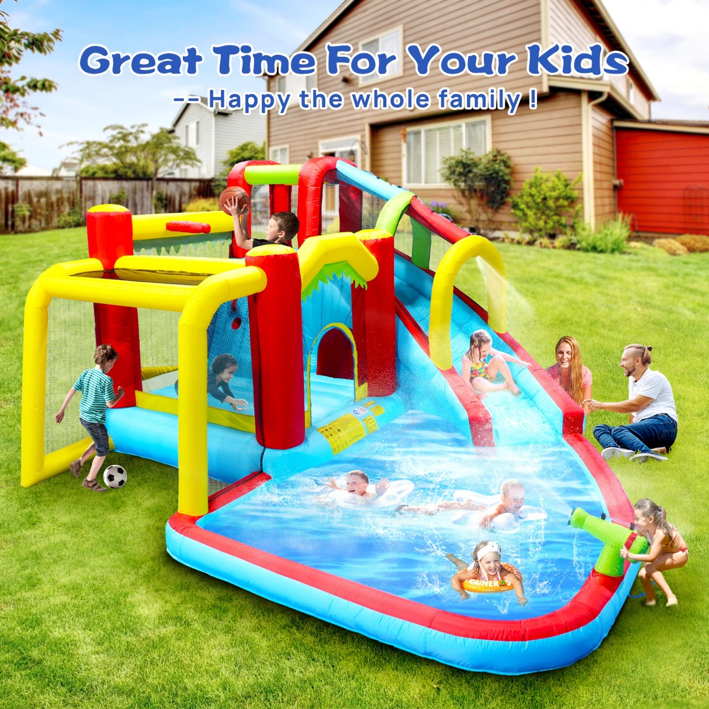 Inflatable Water Slide for Kids Backyard, SHINPT 7 in1 Water Park Bounce House with Slide, Water Gun, Climbing Wall, Inflatable Bounce House with Basketball, Football, Jumping Castle with Air Blower