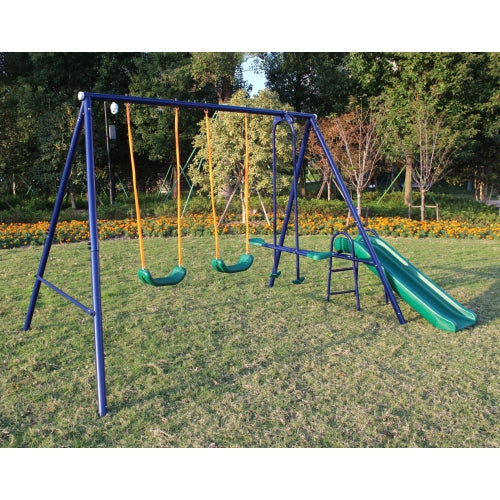 Swing Set for Backyard, SHINPT 3 in 1 Heavy-Duty A-Frame Metal Outdoor Swing Stand with 2 Belt Swings and Glider, Outdoor Kids Play Equipment with Slide for Age 2-8, Toddler Swing Set for Playground
