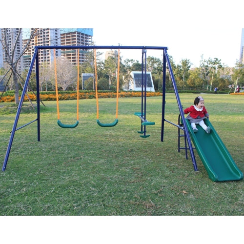 Swing Set for Backyard, SHINPT 3 in 1 Heavy-Duty A-Frame Metal Outdoor Swing Stand with 2 Belt Swings and Glider, Outdoor Kids Play Equipment with Slide for Age 2-8, Toddler Swing Set for Playground
