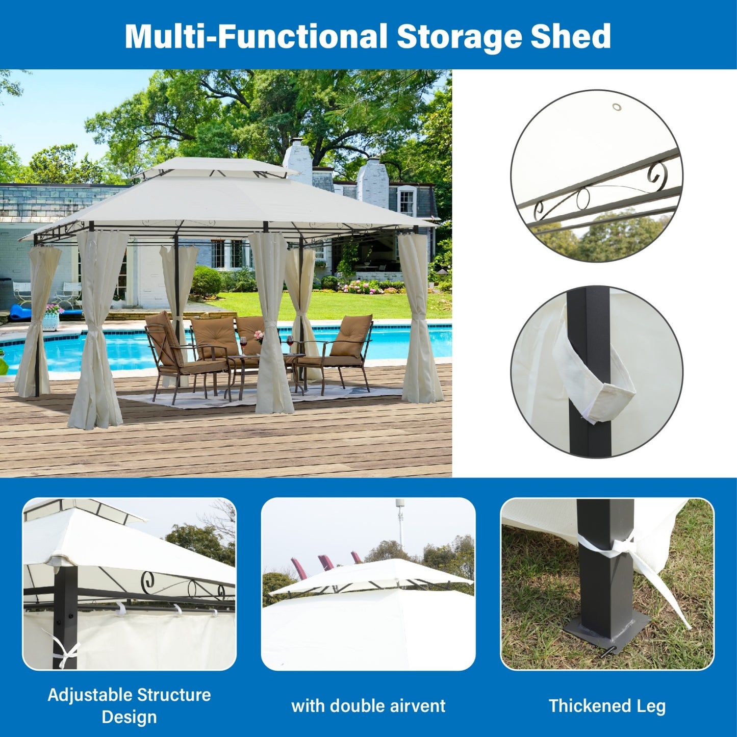 13x10 ft Outdoor Patio Gazebo with Ventilated Double Roof, Metal Gazebos Tent with Mosquito Netting, Gazebos Party Tent Shelter for Backyard, Garden, Patio, Lawn, All-Weather Resistant, UV-Resistant