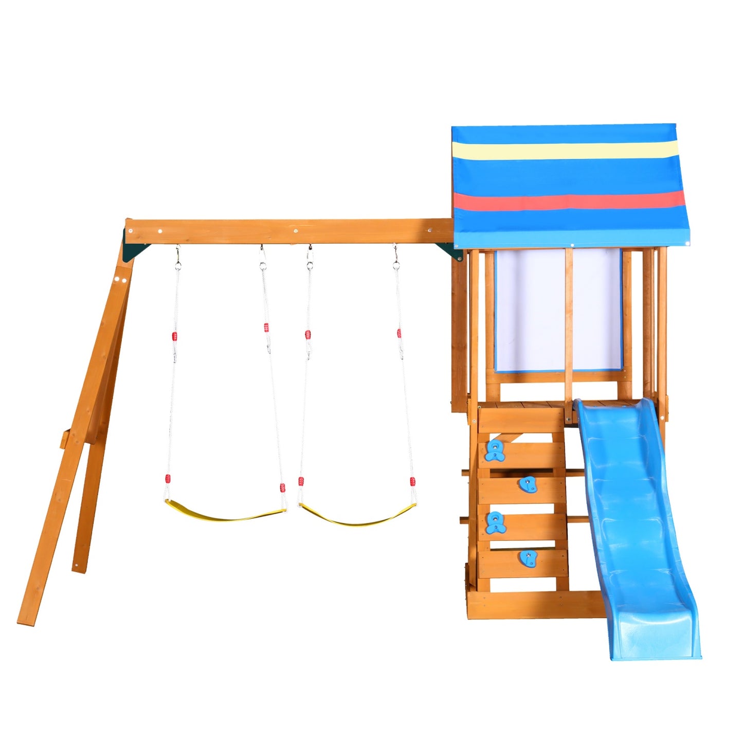 Wooden Outdoor Swing Set, All-in-One Kids Outdoor Play Equipment for Kids Age 3-12 with Wave Slide, 2 Swings, Climbing Wall, Canopy Roof and Ladder, Kids Playground for Backyard, Garden, Park