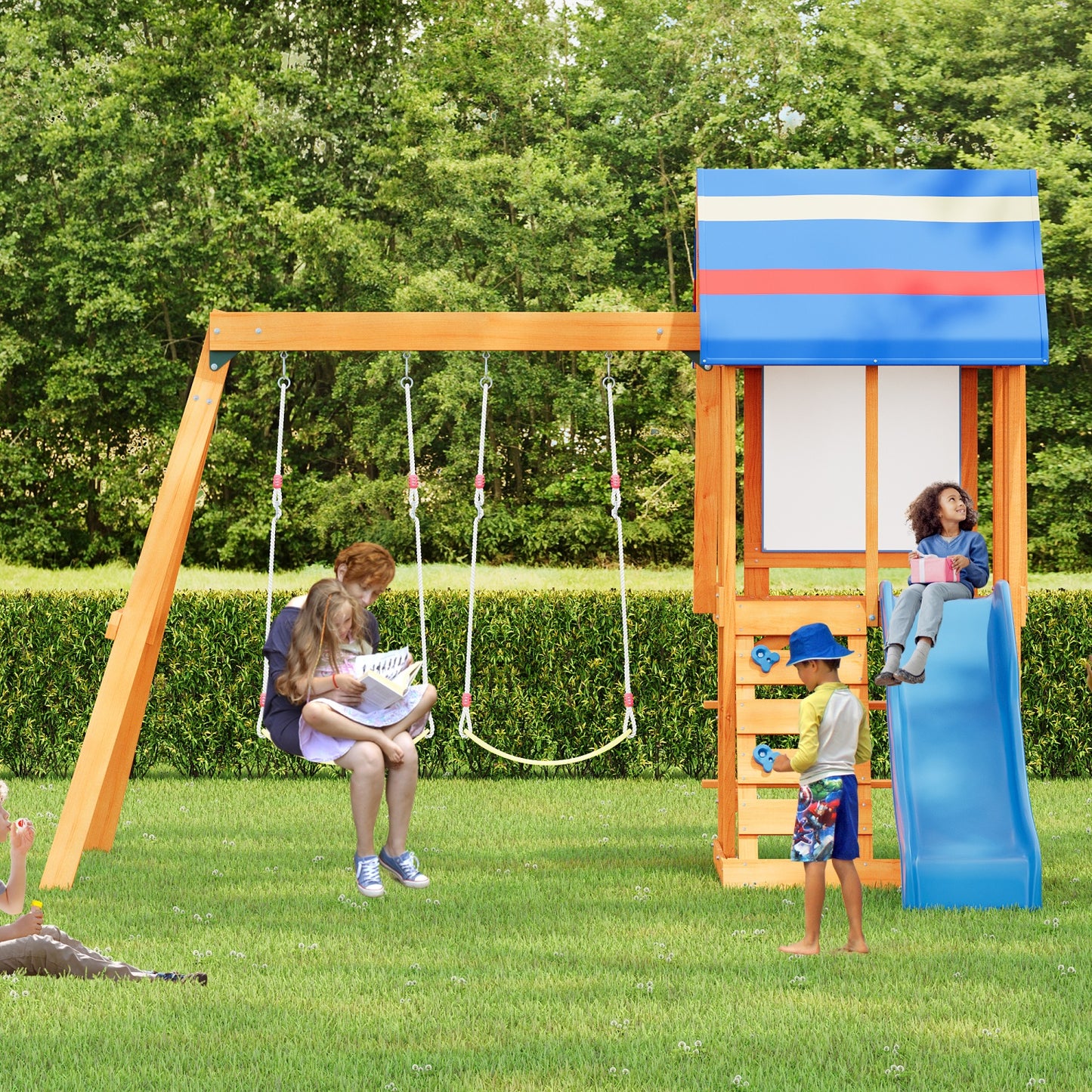 Wooden Outdoor Swing Set, All-in-One Kids Outdoor Play Equipment for Kids Age 3-12 with Wave Slide, 2 Swings, Climbing Wall, Canopy Roof and Ladder, Kids Playground for Backyard, Garden, Park