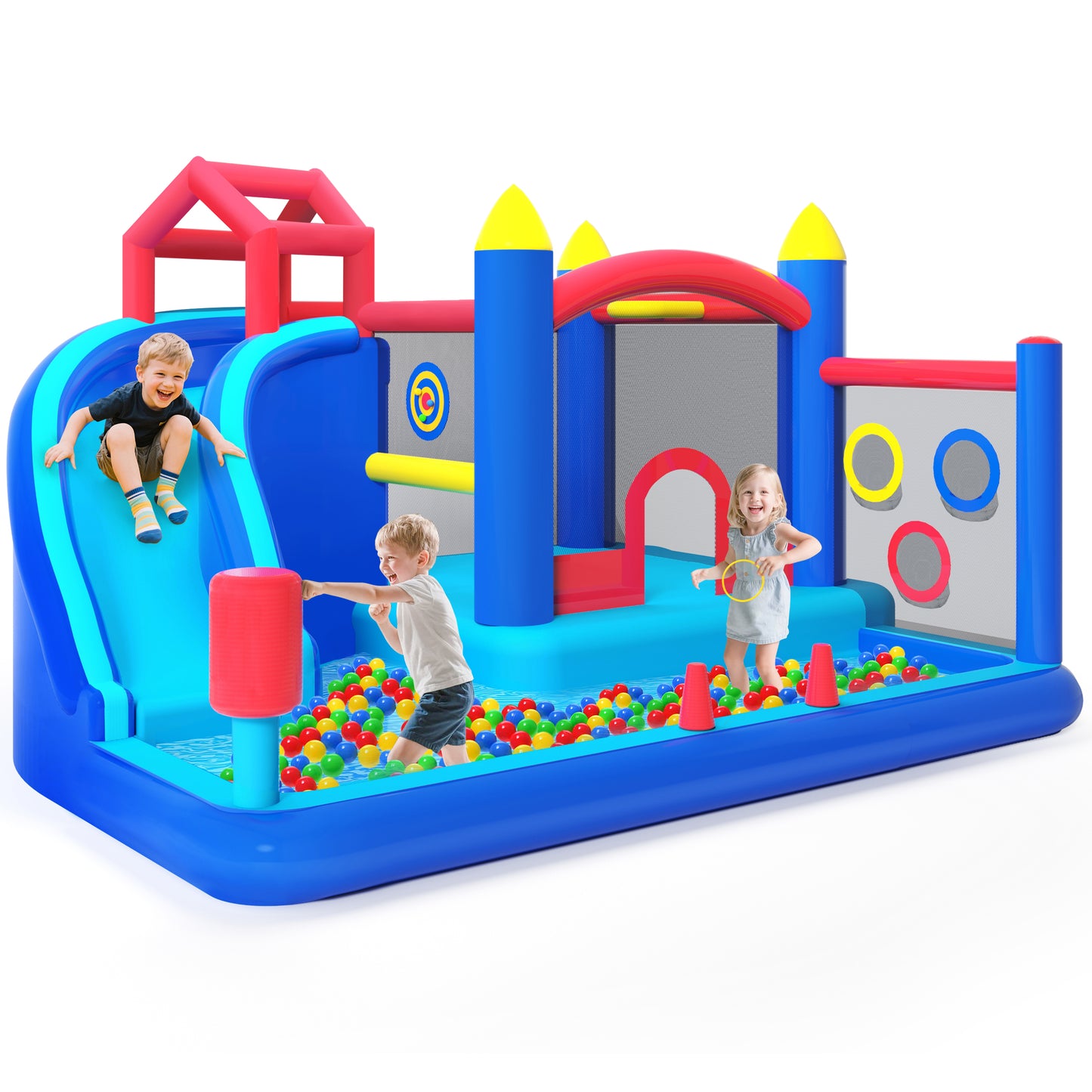 Bounce House with Air Blower for Kids, SHINPT Kids Outdoor Inflatable Bounce House with Basketball Rim for Toddlers, Kids Jumper Bounce House with Slide, Inflatable Bouncer with Ball Pit, Gift