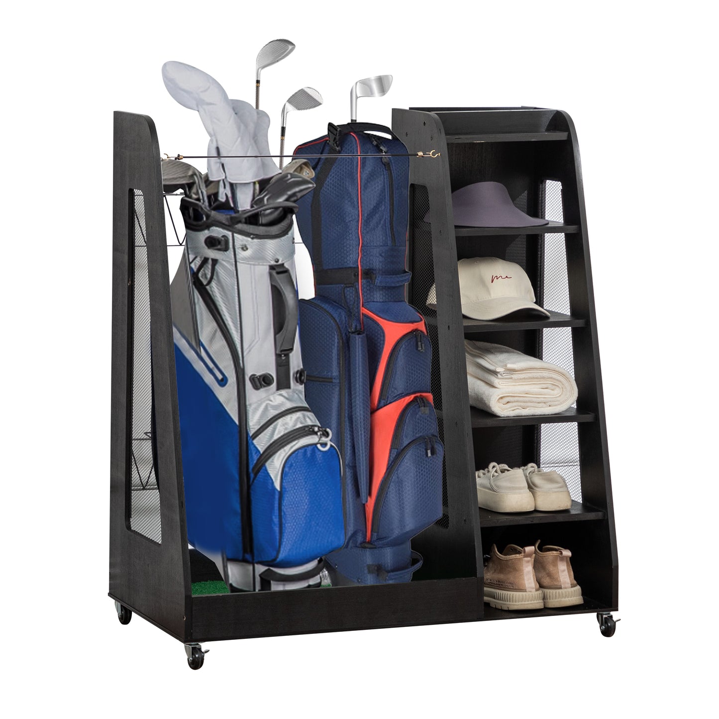 Wooden Golf Bag Organizer and Storage Rack, High Quality Wooden 2 Golf Bag Rack with Drawers, Easy to Assemble Golf Club Holder/Stand with Club Holders on Side,Black