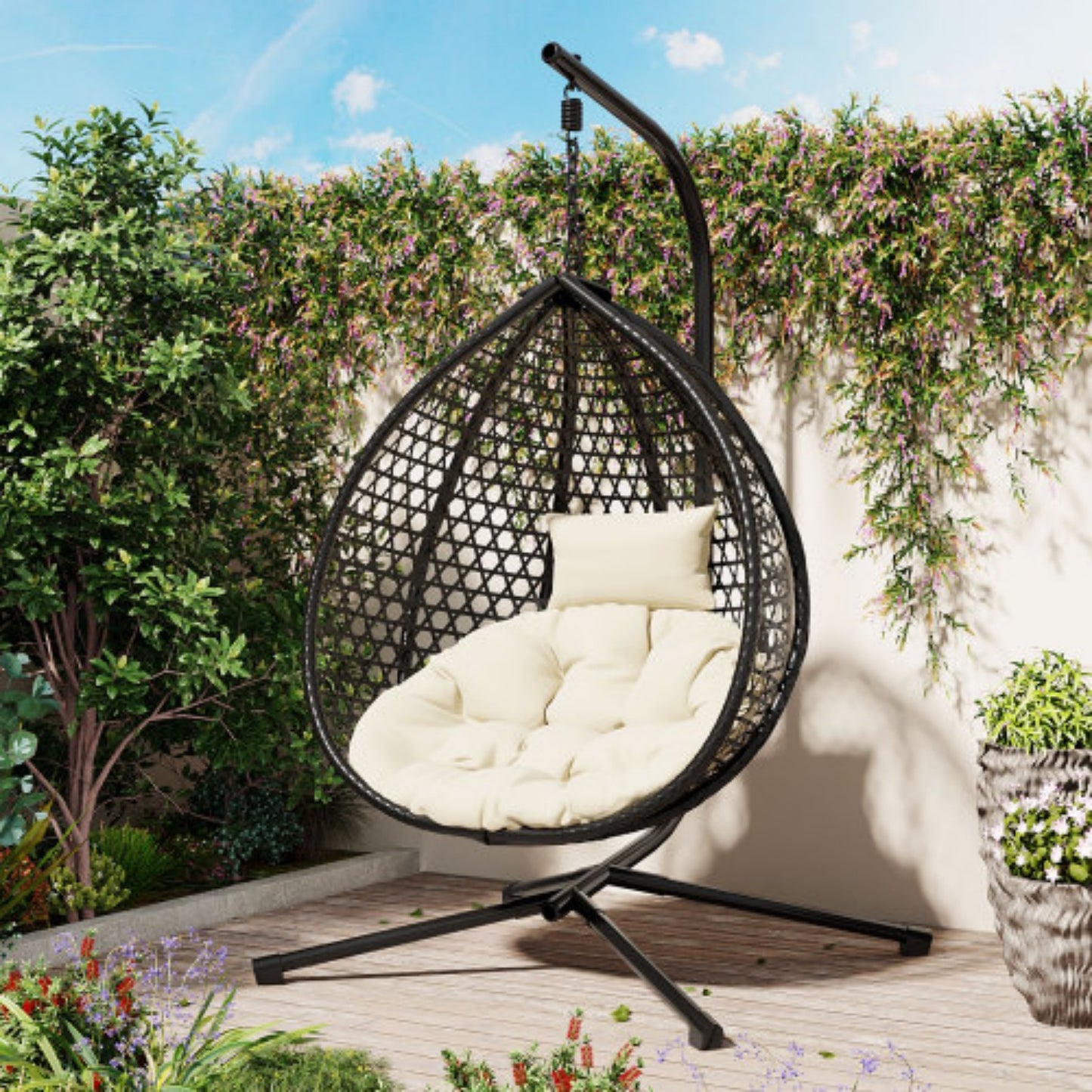 Egg Chair with Stand, Indoor/Outdoor Hanging Egg Chair with Removable & Washable Cushions, Hammock Rattan Swing Chair with 330 LBS Capacity for Bedroom, Balcony, Poolside, Garden, Backyard