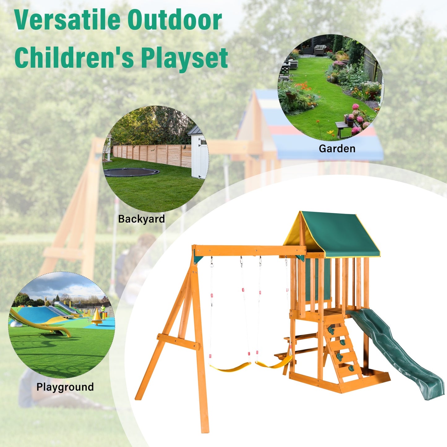 Wooden Outdoor Swing Set, All-in-One Kids Outdoor Play Equipment for Kids Age 3-12 with Wave Slide, 2 Swings, Climbing Wall, Canopy Roof and Ladder, Kids Playground for Backyard, Garden, Park