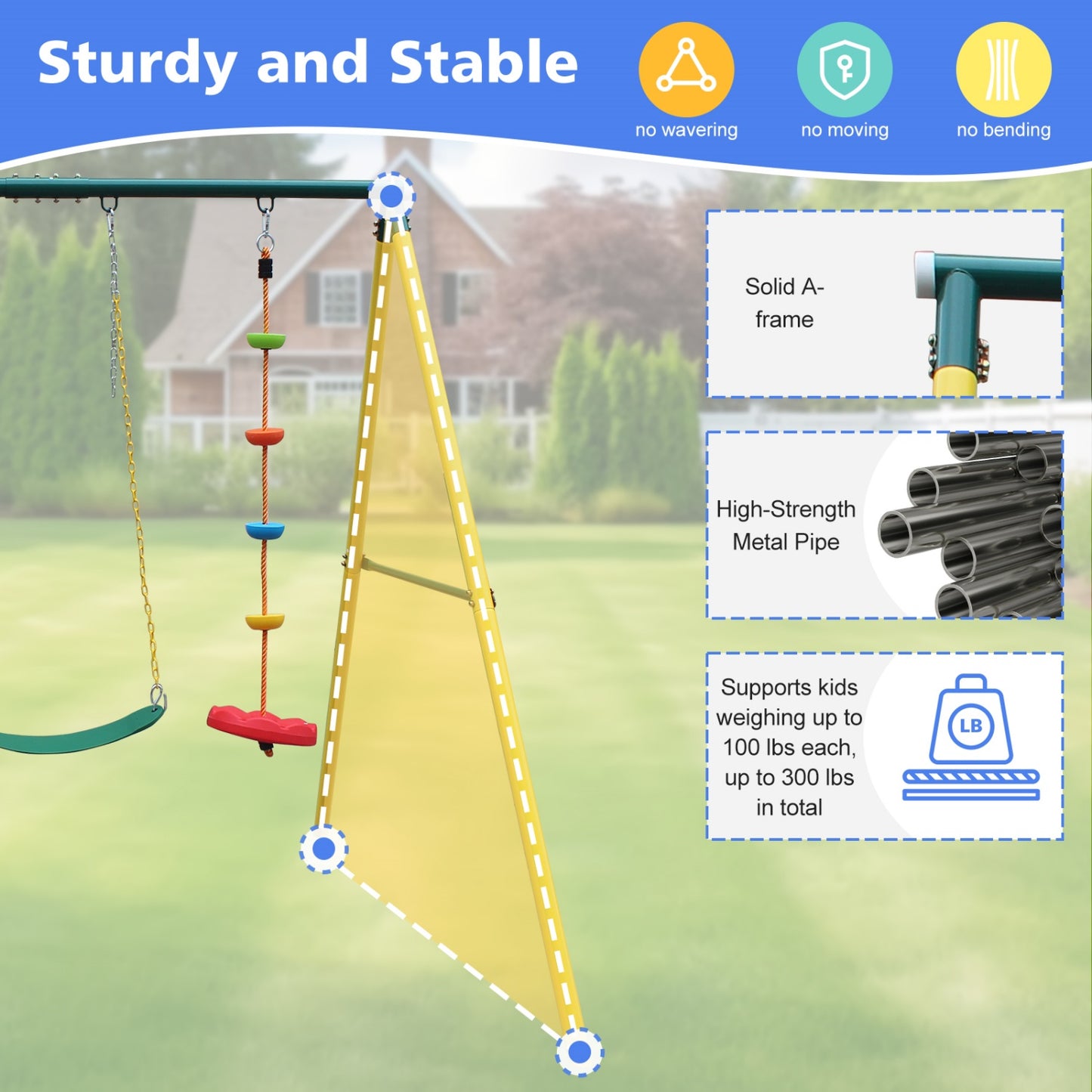 Metal Swing Set for Backyard, Small Swing Sets for Kids Aged 3-12, 3in1 Toddler Swing Set with Climbing Rope, Belt Swing and Saucer Swing for Playground, Garden, Park, 300lbs Capacity