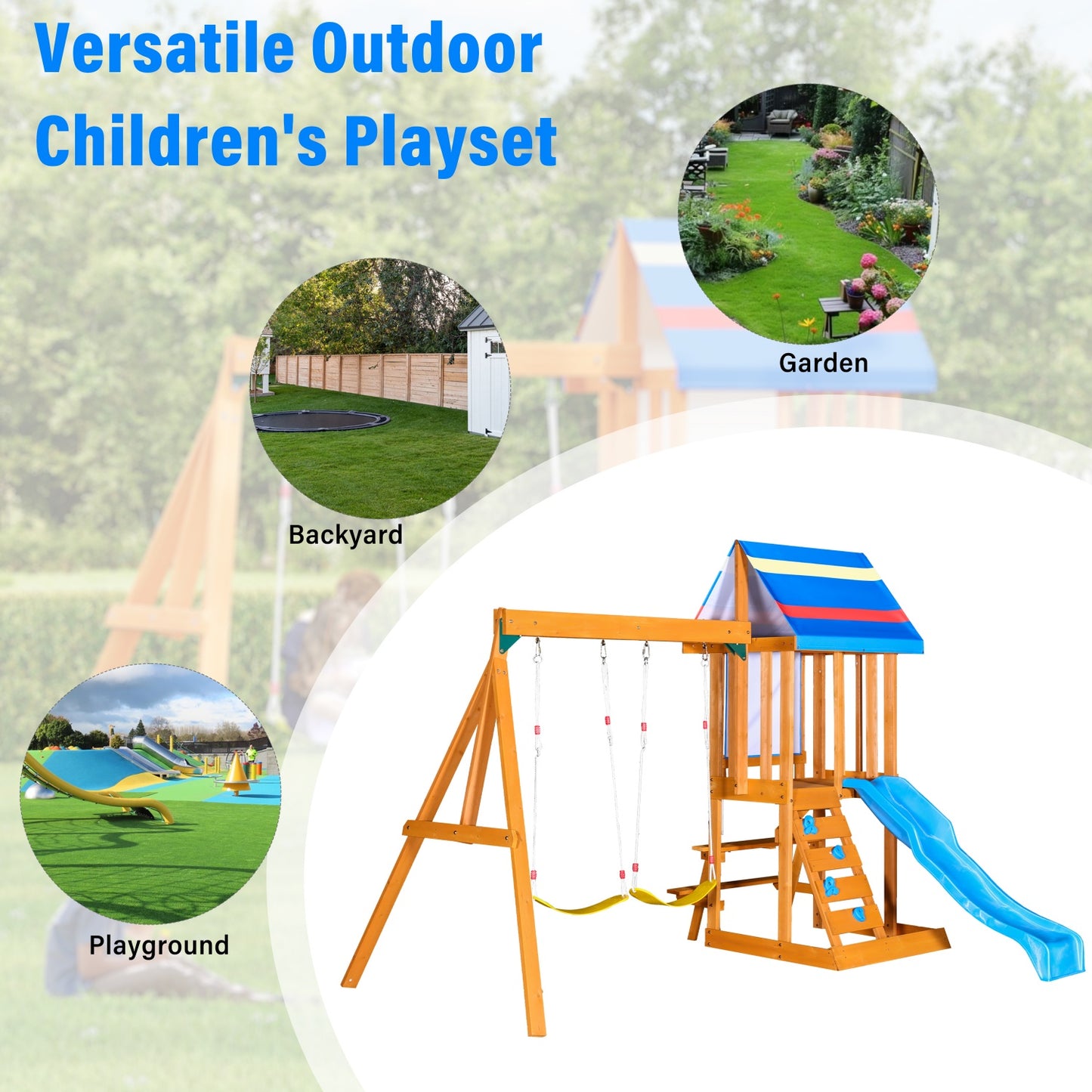 Wooden Outdoor Swing Set, All-in-One Kids Outdoor Play Equipment for Kids Age 3-12 with Wave Slide, 2 Swings, Climbing Wall, Canopy Roof and Ladder, Kids Playground for Backyard, Garden, Park, Blue
