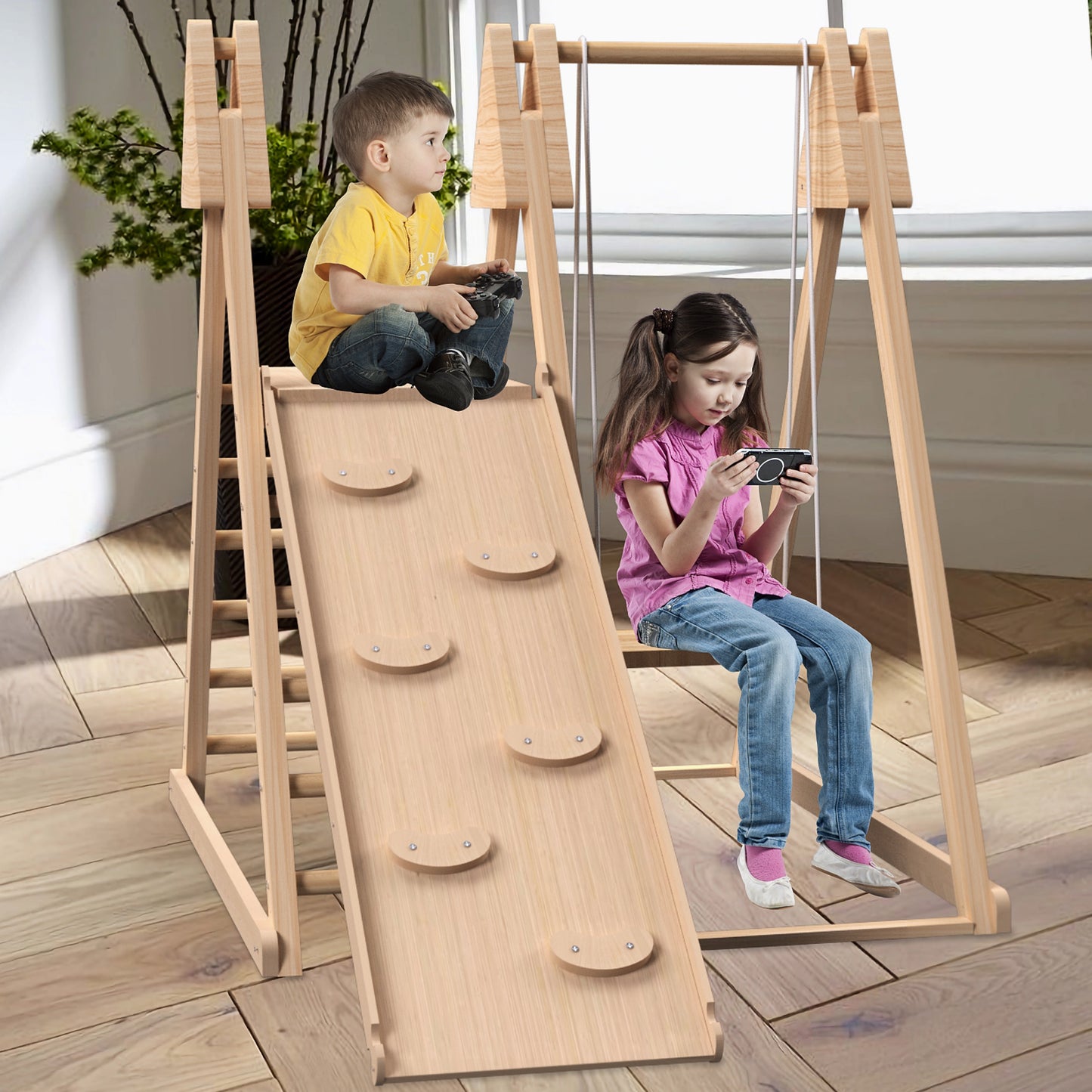 4 in 1 Jungle Gym for Toddlers, SHINPT Indoor Climbing Toy for Kids, Baby Jungle Gym Indoor with Swing, Slide, Ladder, and Climbing Wall, Kids Wooden Play Gym, Toddler Playground for Best Gift