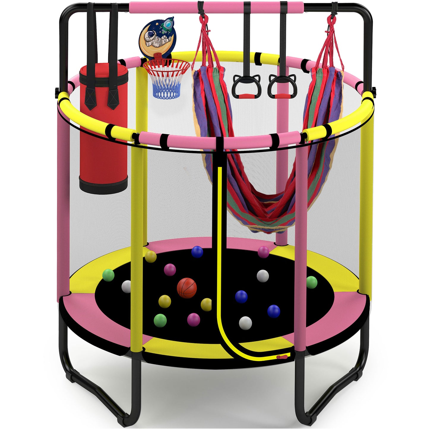 55" Trampoline for Kids with Enclosure, 220lbs Capacity Indoor Toddler Trampoline with Basketball Hoop, kids Trampoline with Swing, Gymnastics Bar, Sandbag, Ring, Ocean Balls, Gifts for Boys, Girls