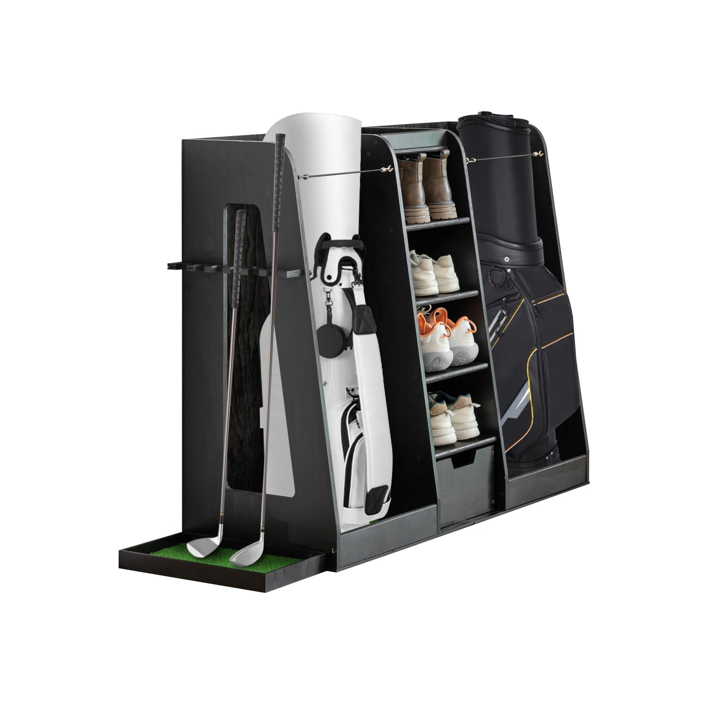 Wooden Golf Bag Organizer and Storage Rack, High Quality Wooden 2 Golf Bag Rack with Drawers, Easy to Assemble Golf Club Holder/Stand with Club Holders on Side,Black