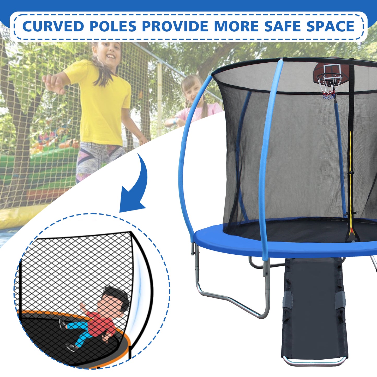 SHINPT Trampoline with Enclosure Net, Recreational Trampolines with Ladder and Anti Rust Coating, Kid's Rebounder Outdoor Trampoline, Pumpkin-shaped Trampoline with Slide and Basket Board for Garden
