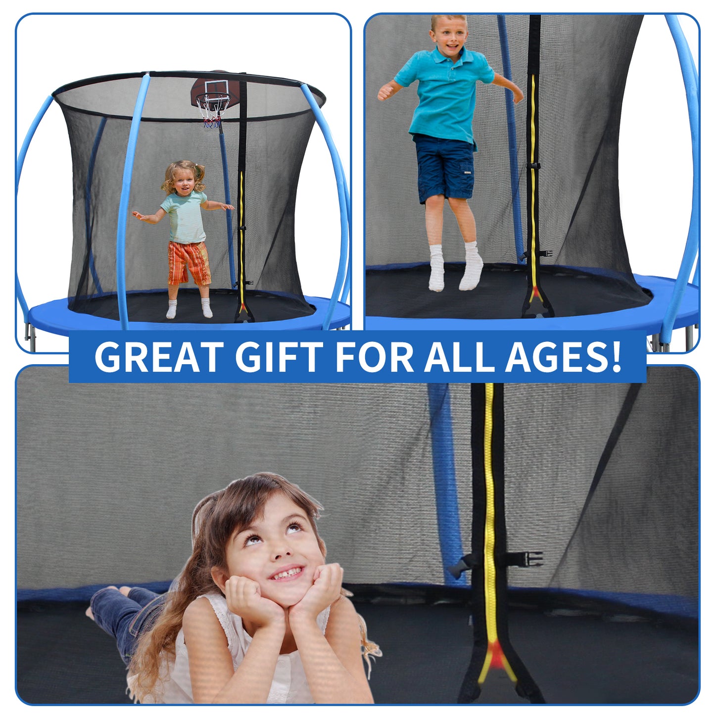 SHINPT Trampoline with Enclosure Net, Recreational Trampolines with Ladder and Anti Rust Coating, Kid's Rebounder Outdoor Trampoline, Pumpkin-shaped Trampoline with Slide and Basket Board for Garden