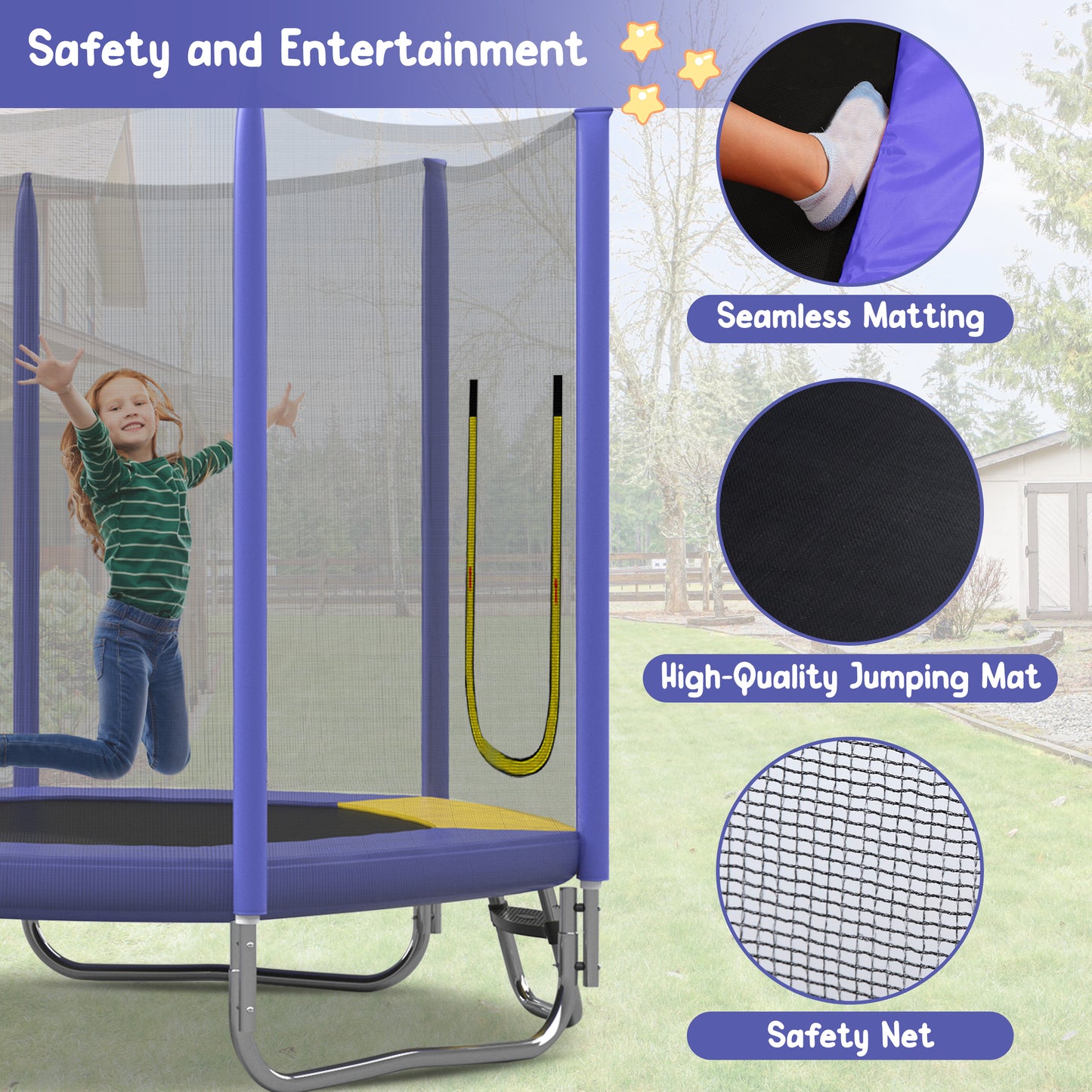 BTYMWAY 7ft Trampoline for Kids, Children's Trampoline Outdoor, Small Trampoline with Slide and Ladder, Recreational Trampoline for Backyard, Outside Toys for Kids with Safety Enclosure Net