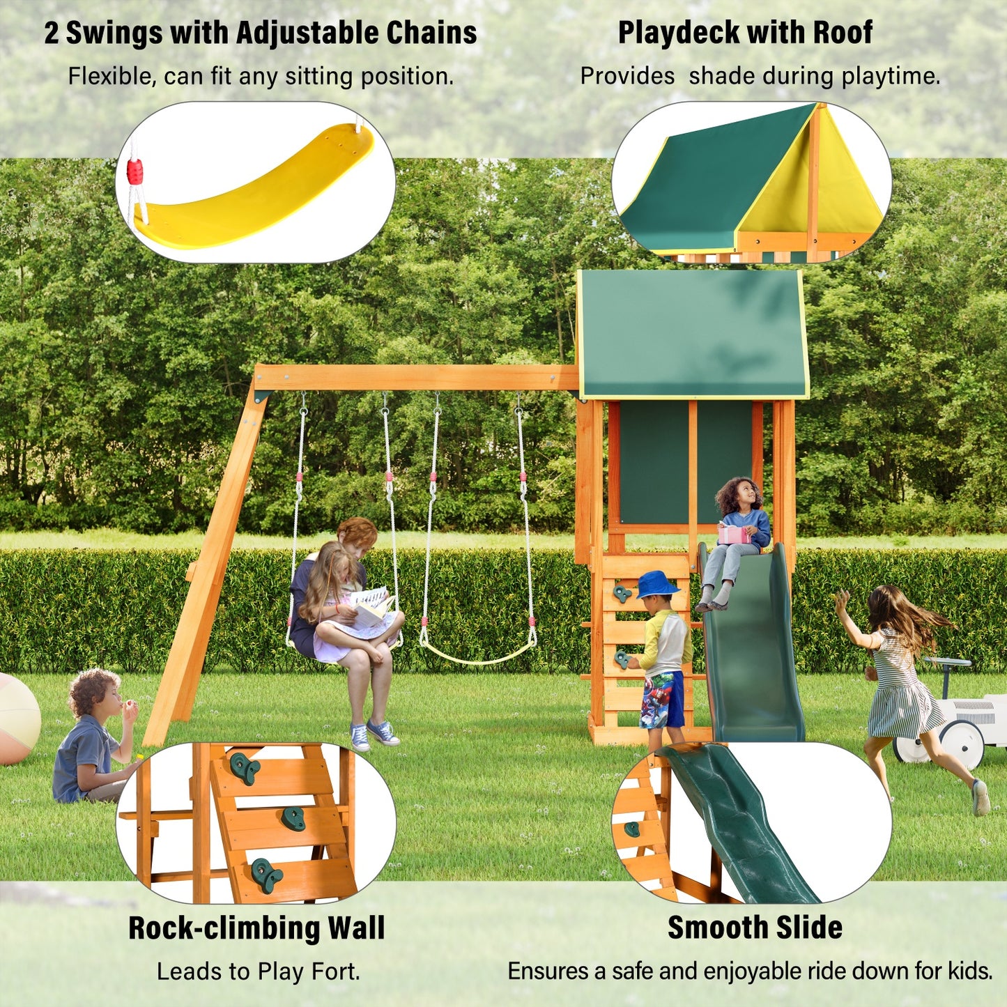 Wooden Outdoor Swing Set, All-in-One Kids Outdoor Play Equipment for Kids Age 3-12 with Wave Slide, 2 Swings, Climbing Wall, Canopy Roof and Ladder, Kids Playground for Backyard, Garden, Park