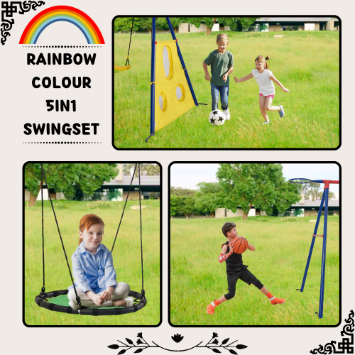 Swing Set for Backyard, SHINPT Kids Outdoor Play Equipment with Saucer Swing, Basketball Hoop and Football Net, Heavy-Duty Metal Swing Sets with 550 lbs Supports for Outdoor, Yard, Park, Backyard