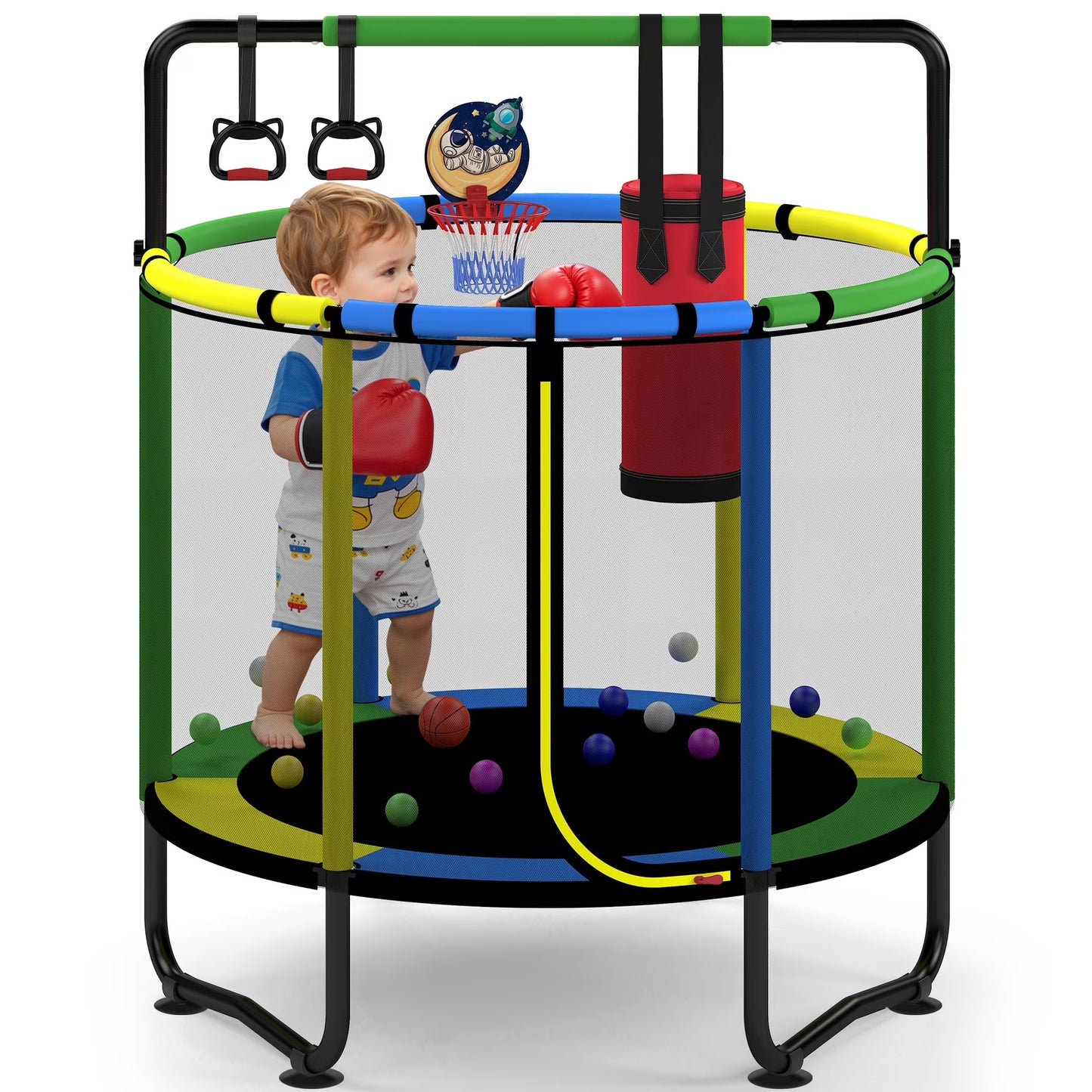 55” Toddler Trampoline for Kids with Enclosure, Kids Trampoline with Sandbag, SHINPT Indoor Trampoline, Small Trampolines for Kids, Mini Trampoline, Gifts for Boys, Girls, 110lbs Capacity