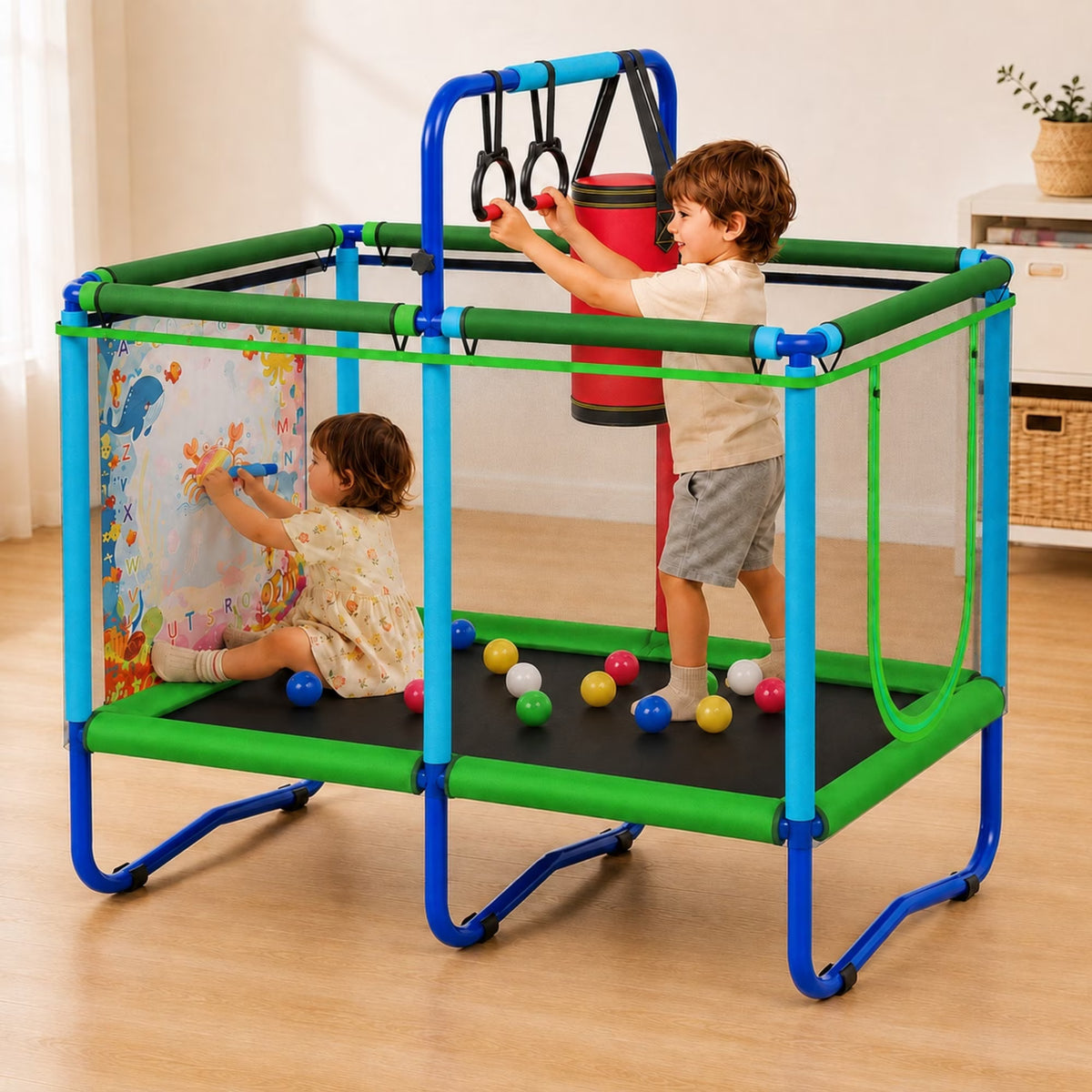 SHINPT 55" Trampoline for Kids with Enclosure & Water Doodle Mat, SHINPT Toddler Trampoline with Painting Writing Color Doodle Drawing Mat, Indoor & Outdoor Toddler Trampoline with Adjustable Gymnastics Bar