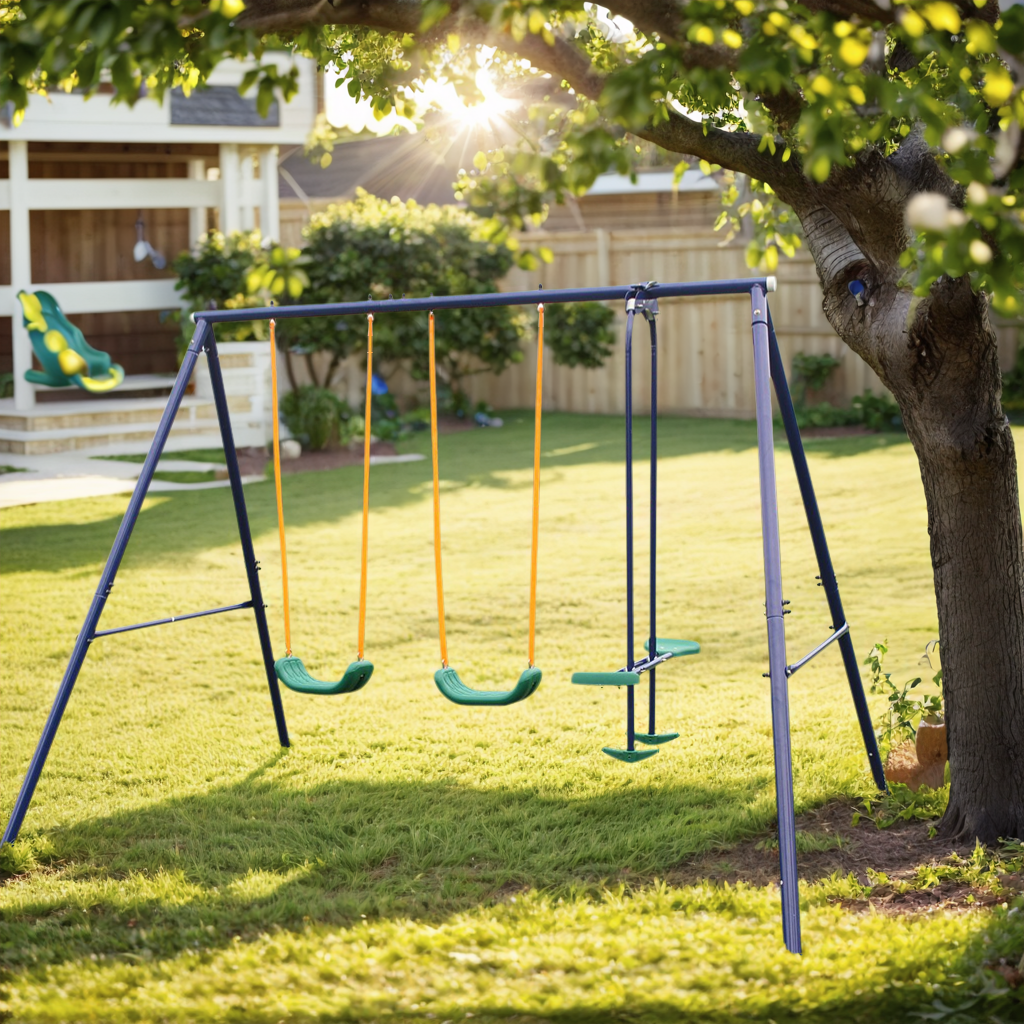 Swing Set for Backyard, SHINPT 3 in 1 Heavy-Duty A-Frame Metal Outdoor Swing Stand with 2 Belt Swings and Glider, Outdoor Kids Play Equipment for Age 2-8, Toddler Swing Set for Playground