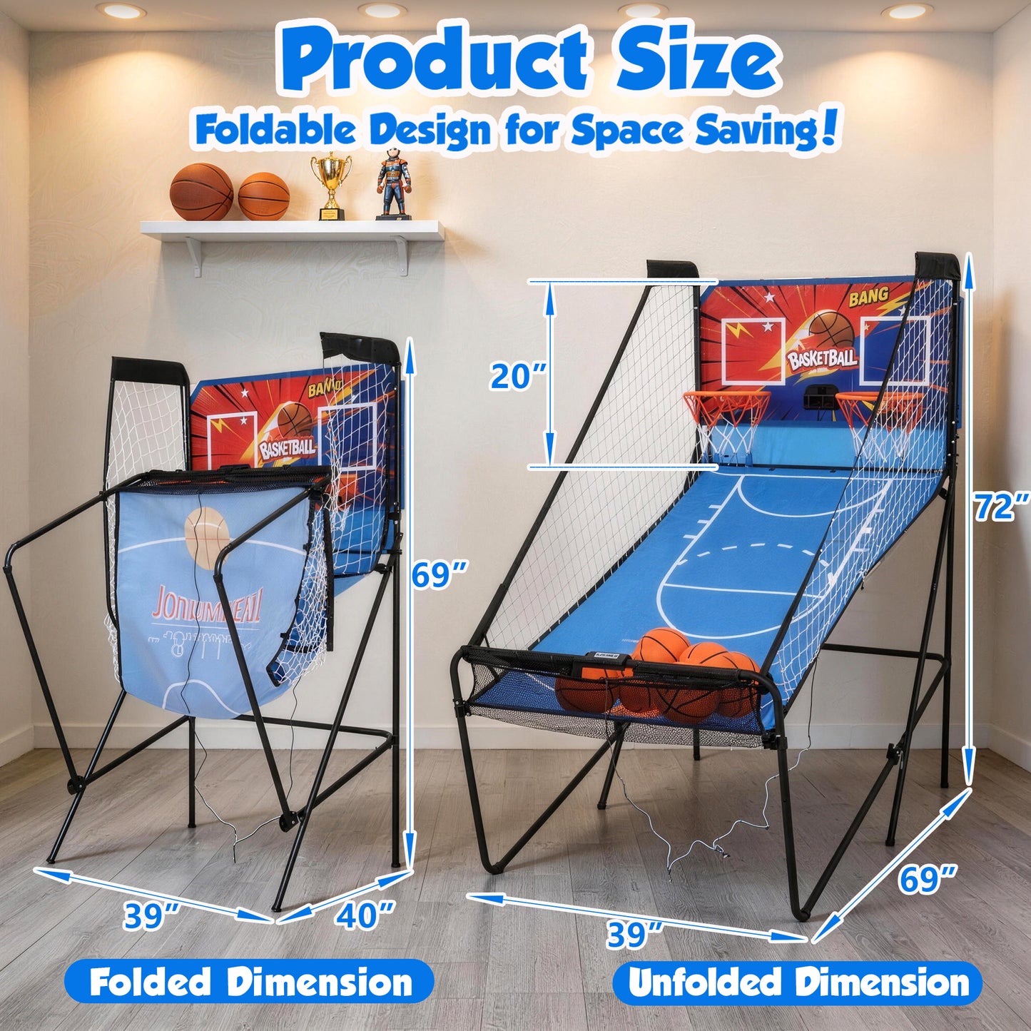 Fodable Arcade Basketball Game for 1-4 Players, SHINPT Dual Shoot Basketball Arcade with 8 Game Modes, 6 Balls, Indoor Basketball Game 39"×72", Arcade Basketball with LED Scoreboard for Kids & Adults