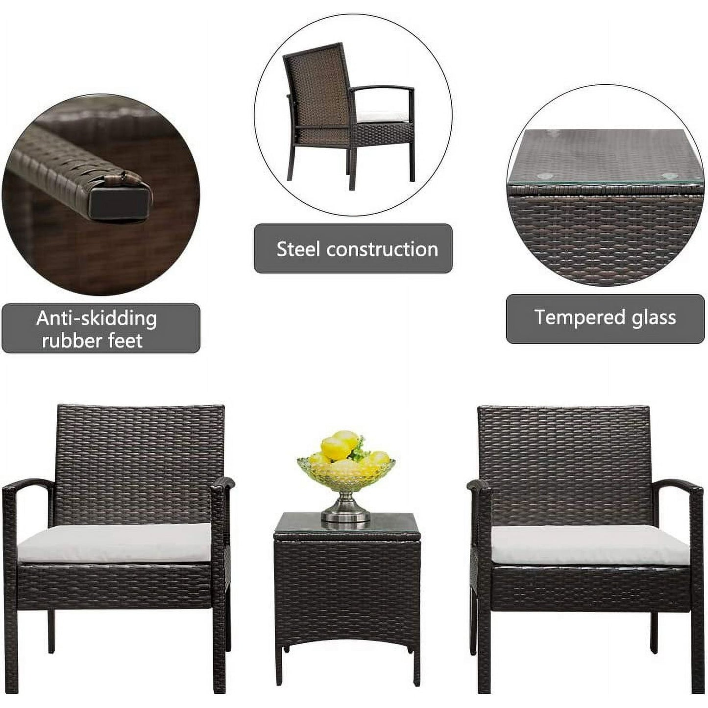 Shinpt Outdoor Wicker Bistro Rattan Chair, 3 Pieces Patio Furniture Set, 2pcs Arm Chairs and 1pc Coffee Table, Rattan Sofa Set for Patio or Garden, Brown Gradient