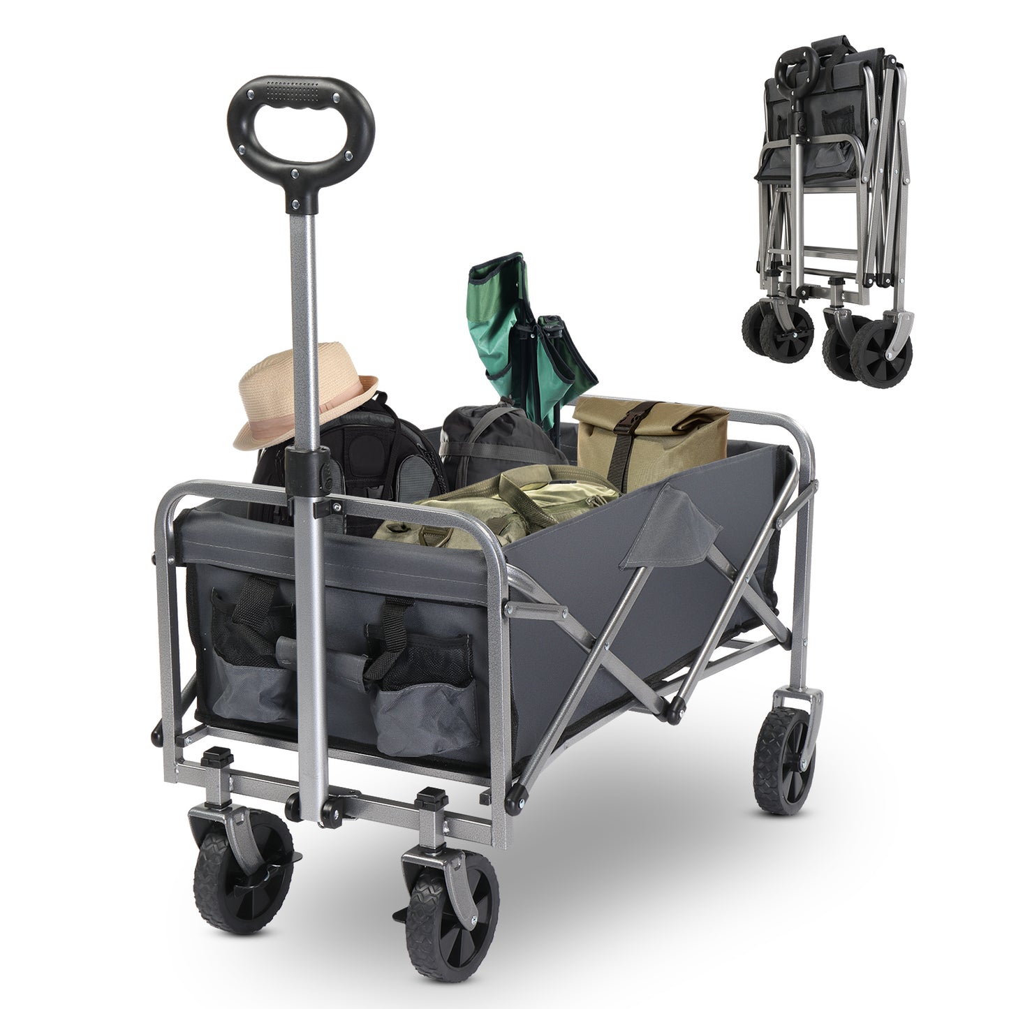 SHINPT Wagon Cart with Wheels Foldable, Folding Wagons Carts with Silent Universal Wheels, Large Grocery Cart On Wheels, Heavy Duty Utility for Shopping Beach Sports Fishing Camping, Grey