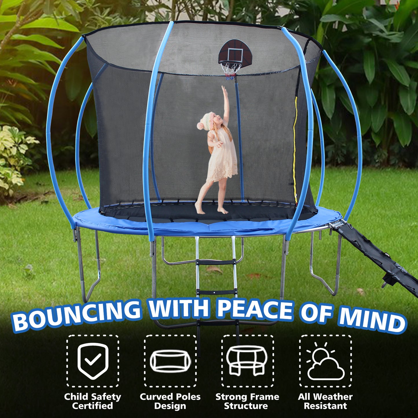 SHINPT Trampoline with Enclosure Net, Recreational Trampolines with Ladder and Anti Rust Coating, Kid's Rebounder Outdoor Trampoline, Pumpkin-shaped Trampoline with Slide and Basket Board for Garden