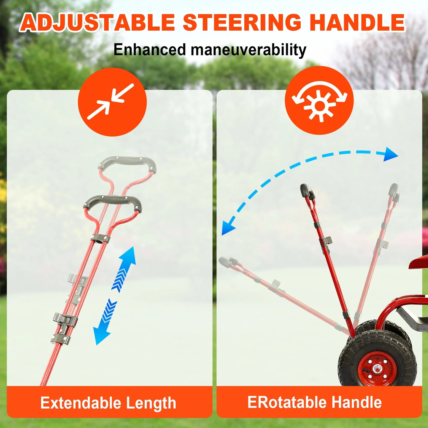 Garden Cart Rolling Scooter, SHINPT Patio Gardening Stool Work Seat with Tool Tray, Garden Cart with Wheel Extendable Handle for Seniors, 360 Swivel Seat & Utility Basket