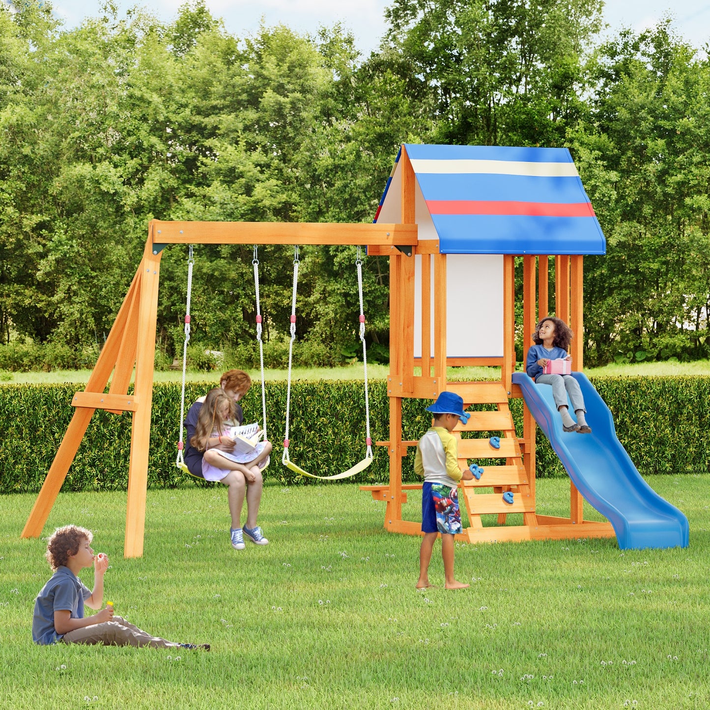 Wooden Outdoor Swing Set, All-in-One Kids Outdoor Play Equipment for Kids Age 3-12 with Wave Slide, 2 Swings, Climbing Wall, Canopy Roof and Ladder, Kids Playground for Backyard, Garden, Park