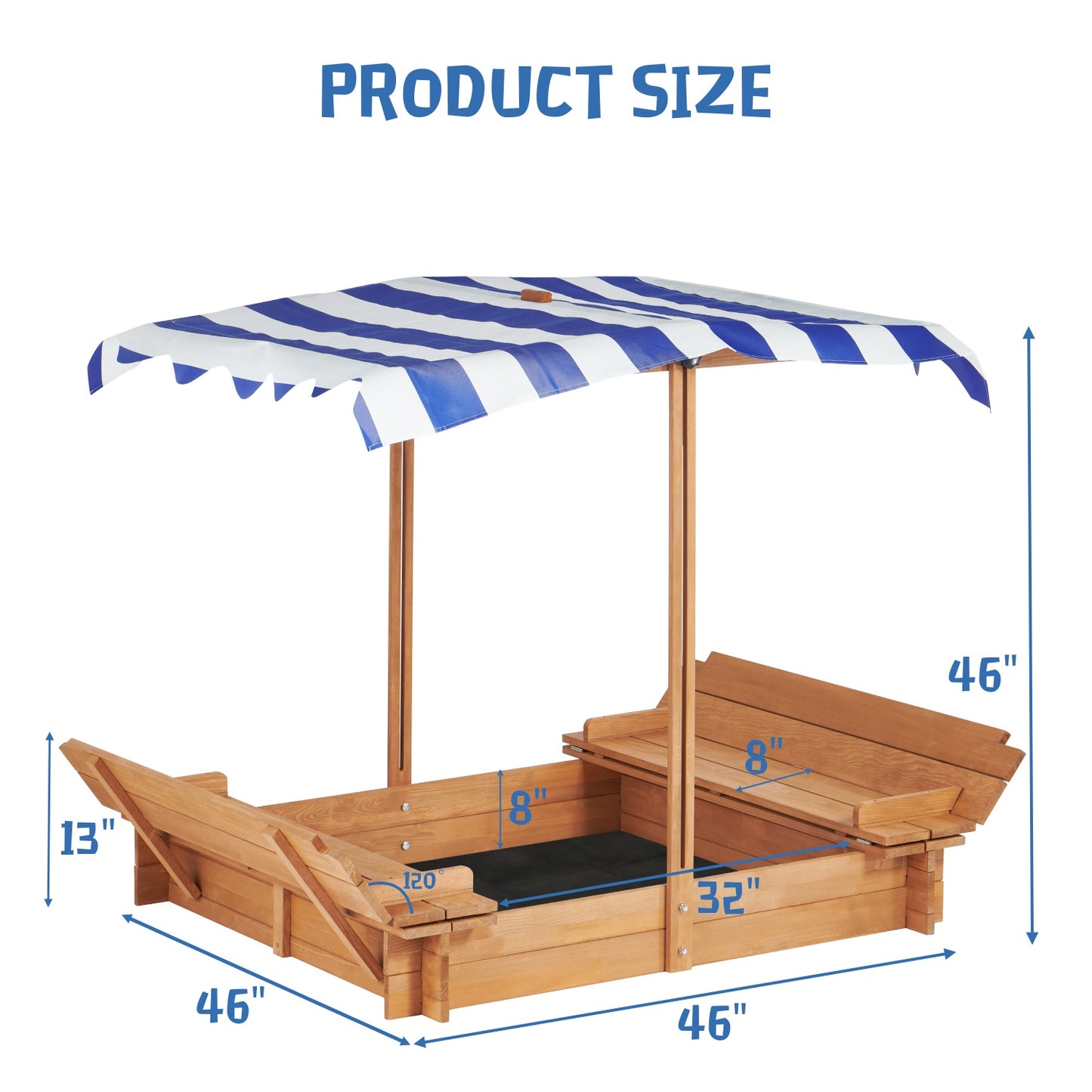 Wooden Sandbox with Lid, SHINPT 46'' Kids Sandbox with 2 Foldable Bench Seats, Toddler Sandbox with Canopy Outdoor, Sand Pit for Kids 2-6, UV-Protection & Natural Wood, Perfect for Backyard, Beach