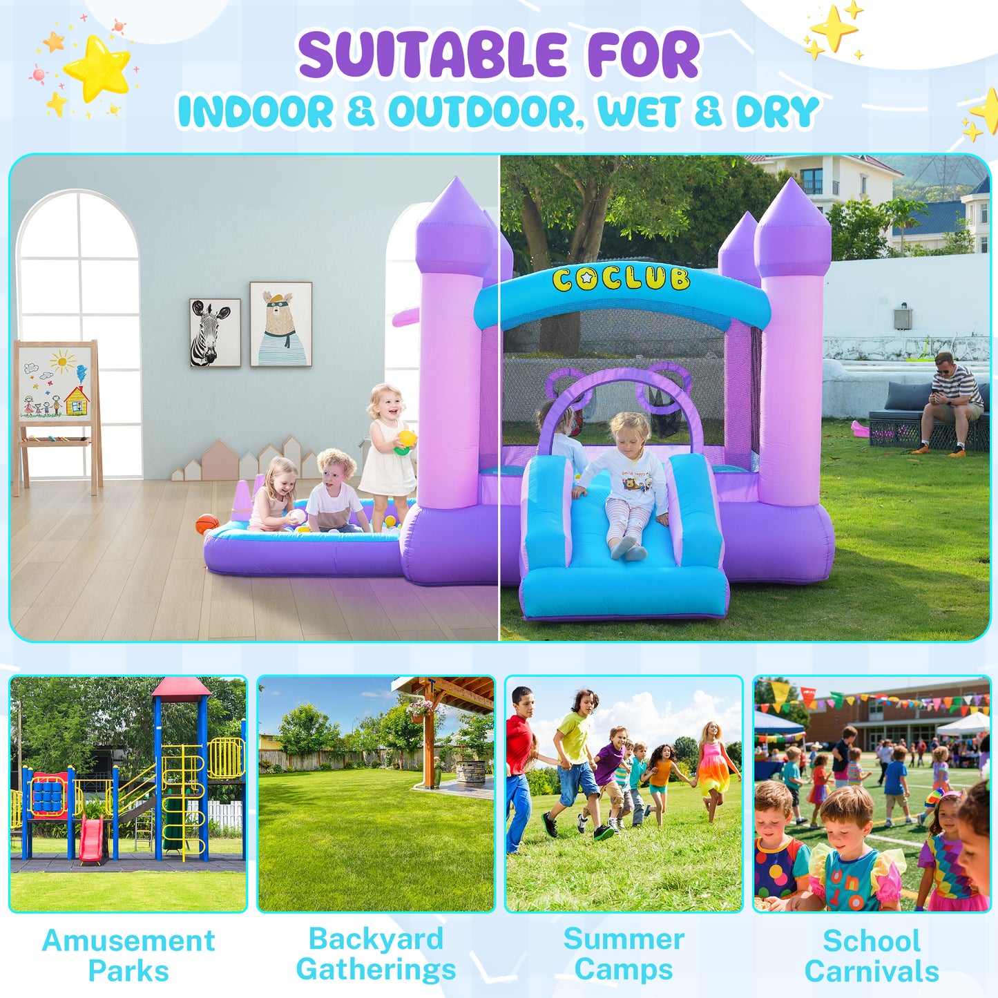 Bounce House for Kids 3-10 with Slide, SHINPT 6-in-1 Inflatable Bounce House for Indoor Outdoor Backyard, Quick Inflate Bouncy House with Blower, 420D Oxford Bounce Castle for Birthday Party, Purple